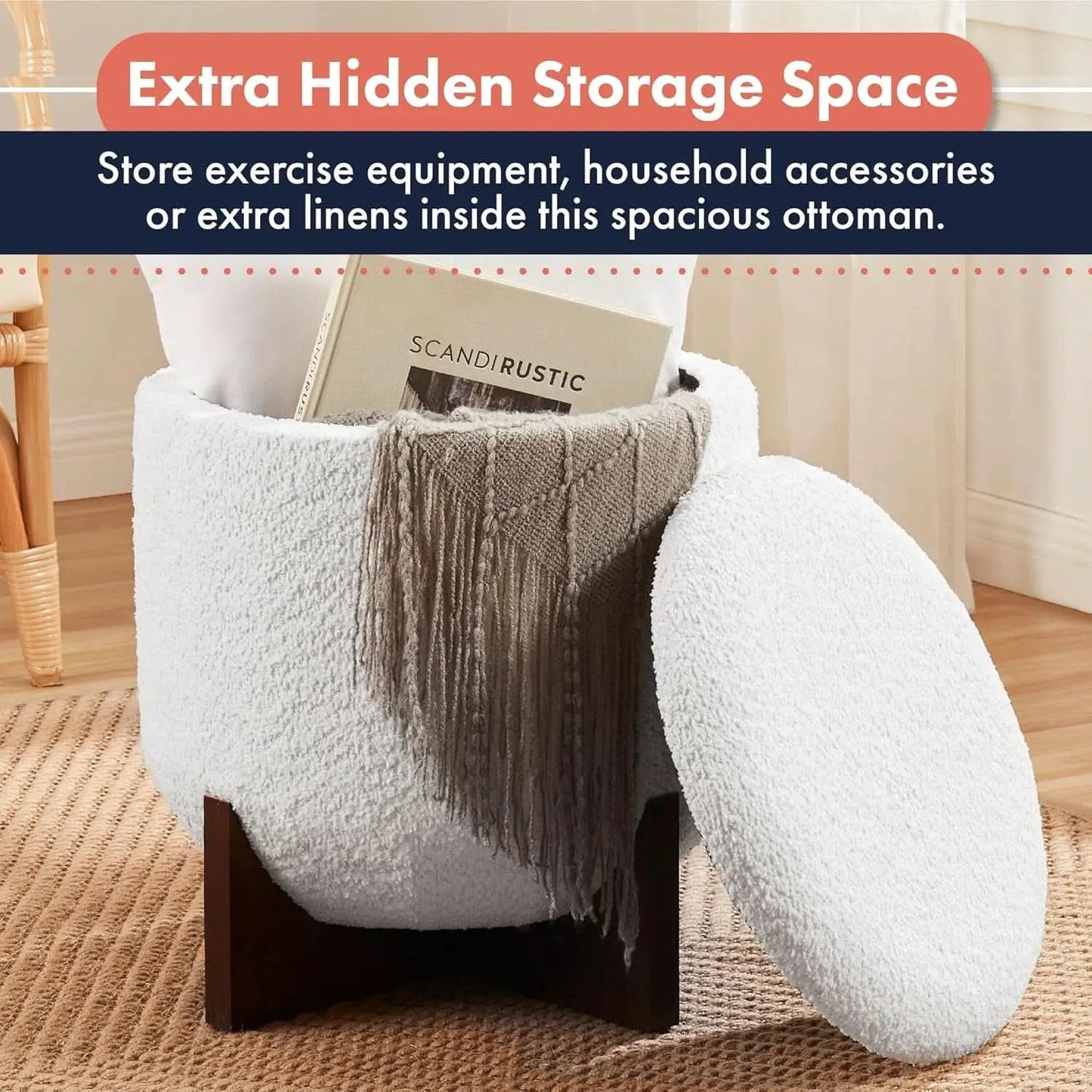 White Elegant Round Ottoman With Concealed Storage from PriceLows™