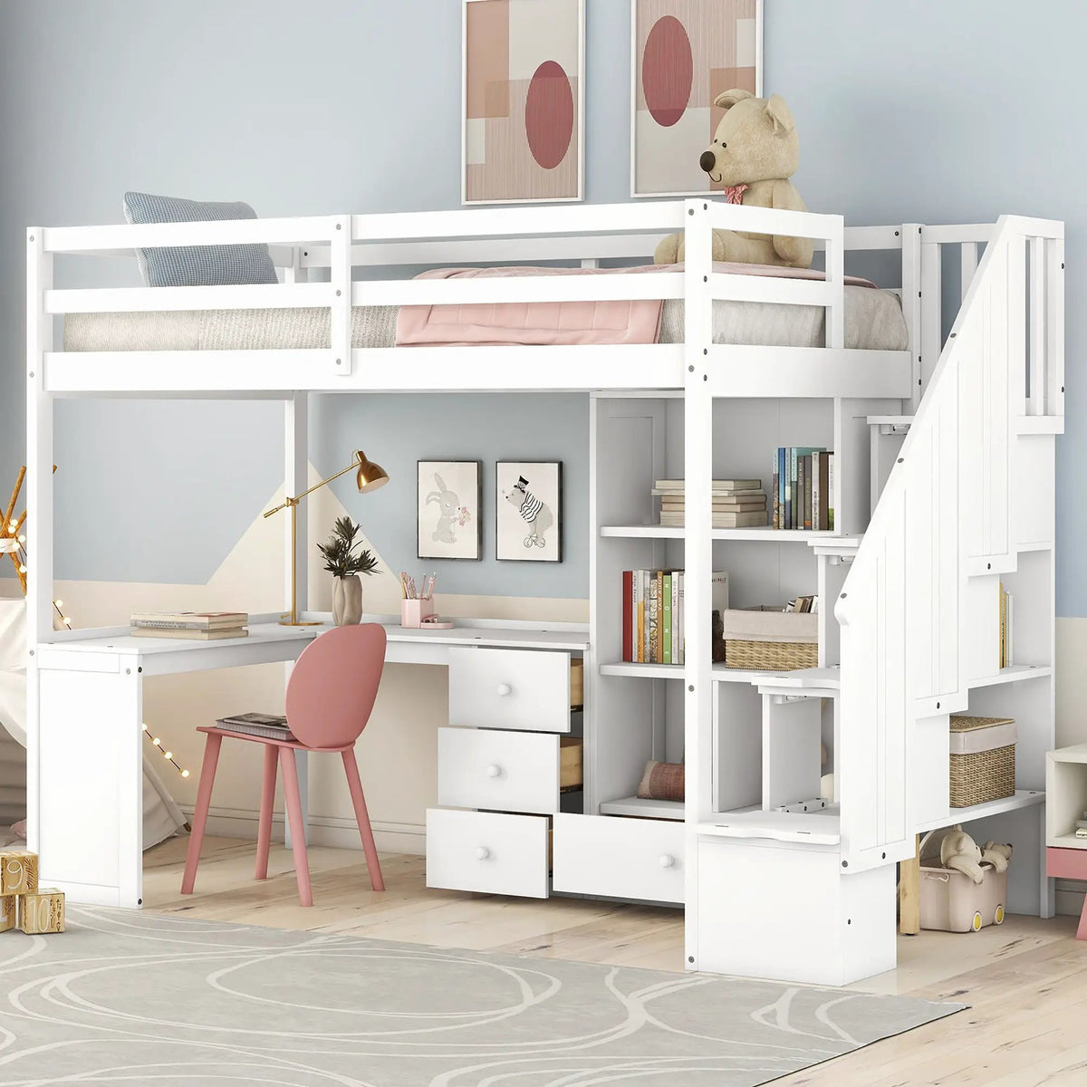 Loft Bed | L Shaped Desk | Storage Staircase | Built In Drawers