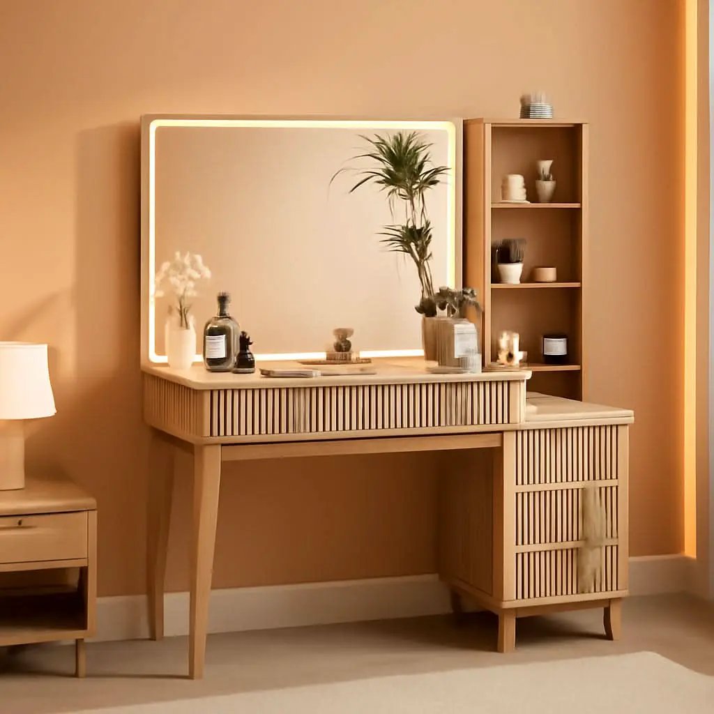 Oak Fluted Makeup Vanity 48 Inch With Lighted Mirror from PriceLows™