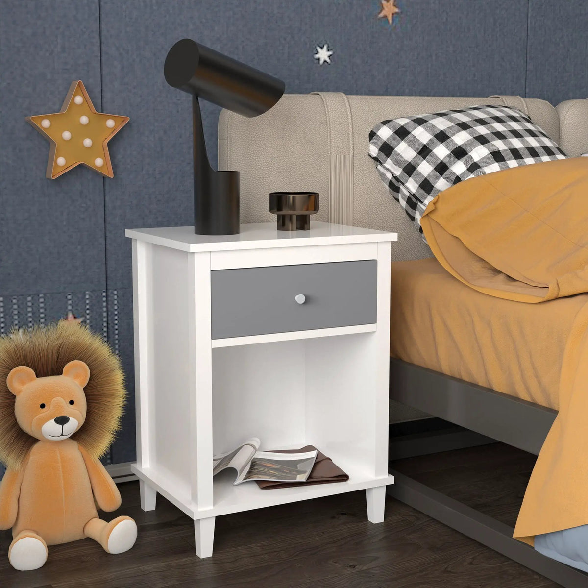Nightstand With 1 Drawer And 1 Shelf | Aluminum Handles | Tip-Over Restraint | Child-Safe Design