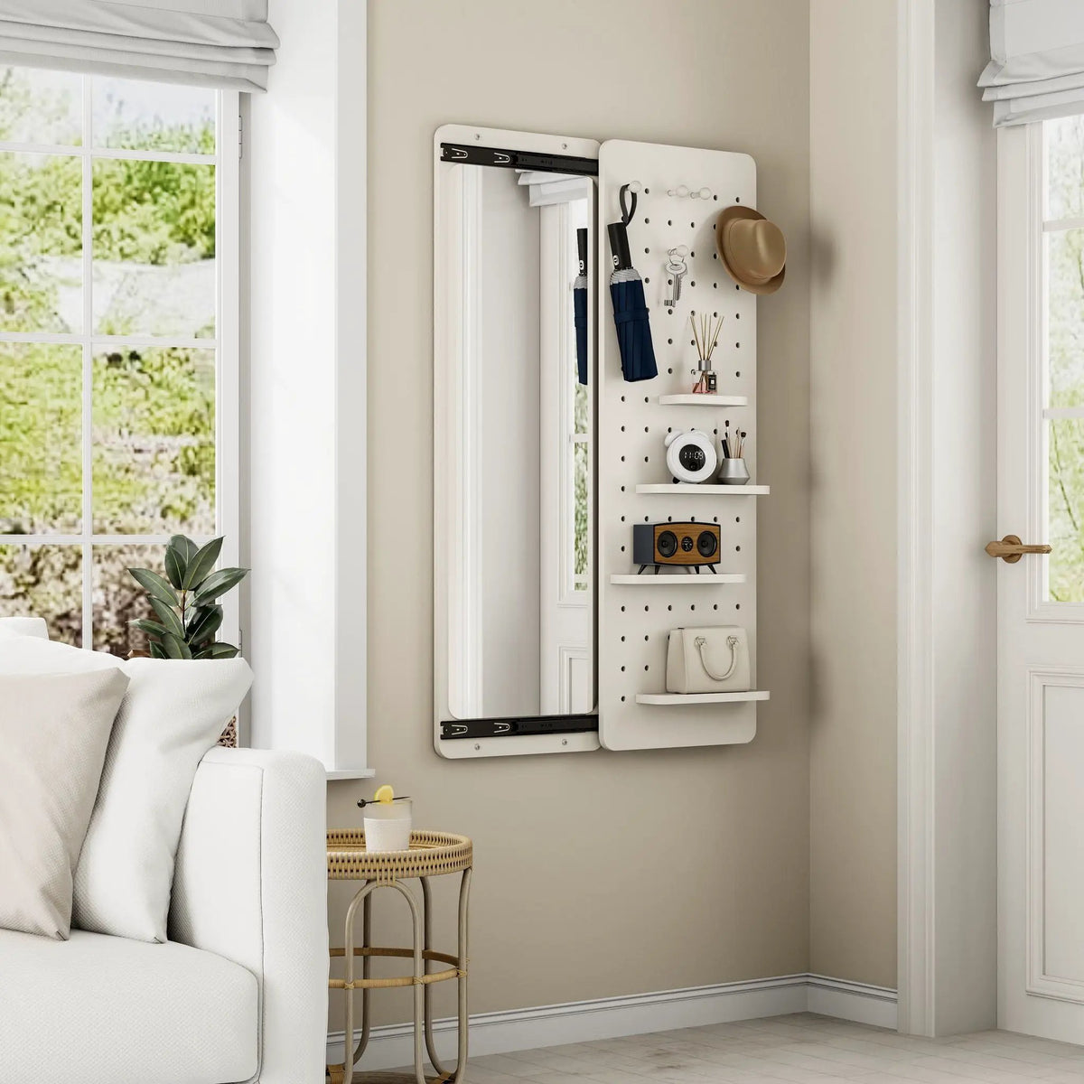 Wall Mounted Full Length Mirror | Shelf And Hook | Solid Rubber Wood | Push-Pull Removable Panel