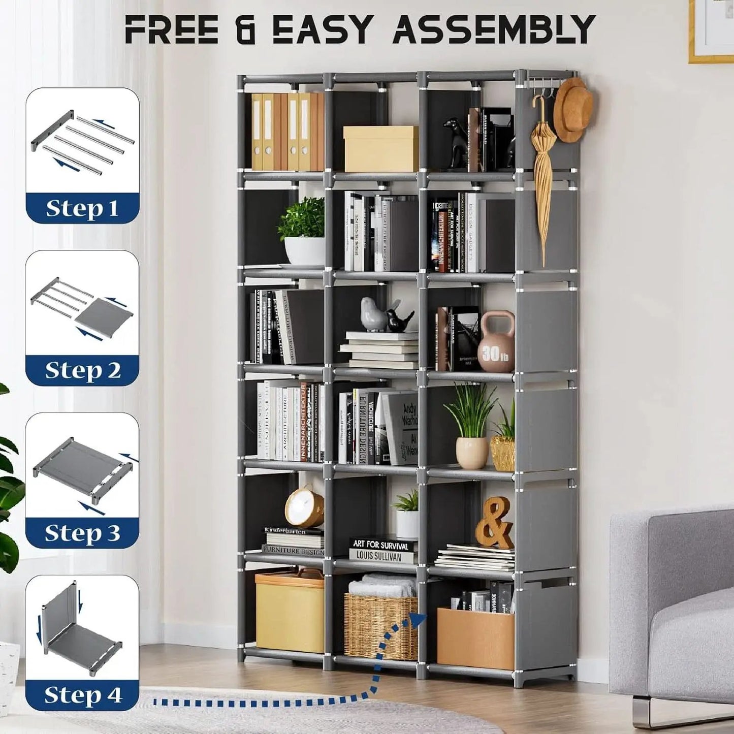 Grey 18 Cube Storage Organizer Tall Bookcase Shelf from PriceLows™
