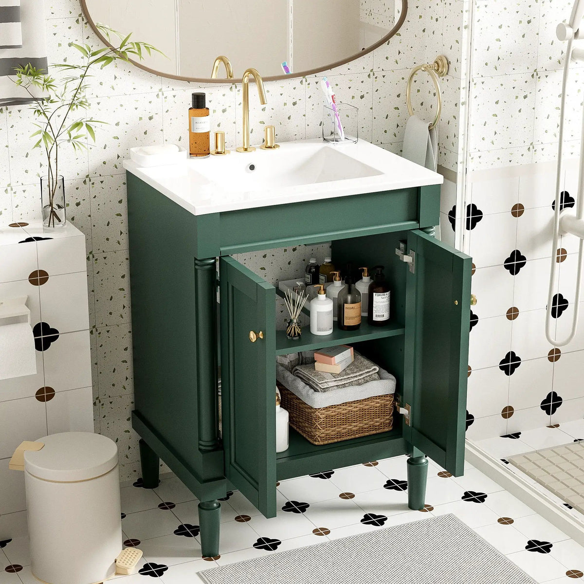 24 Inch Bathroom Vanity With Top Sink | 2 Tier Storage Cabinet | Retro Metal Handles | Soft-Closing Hinges