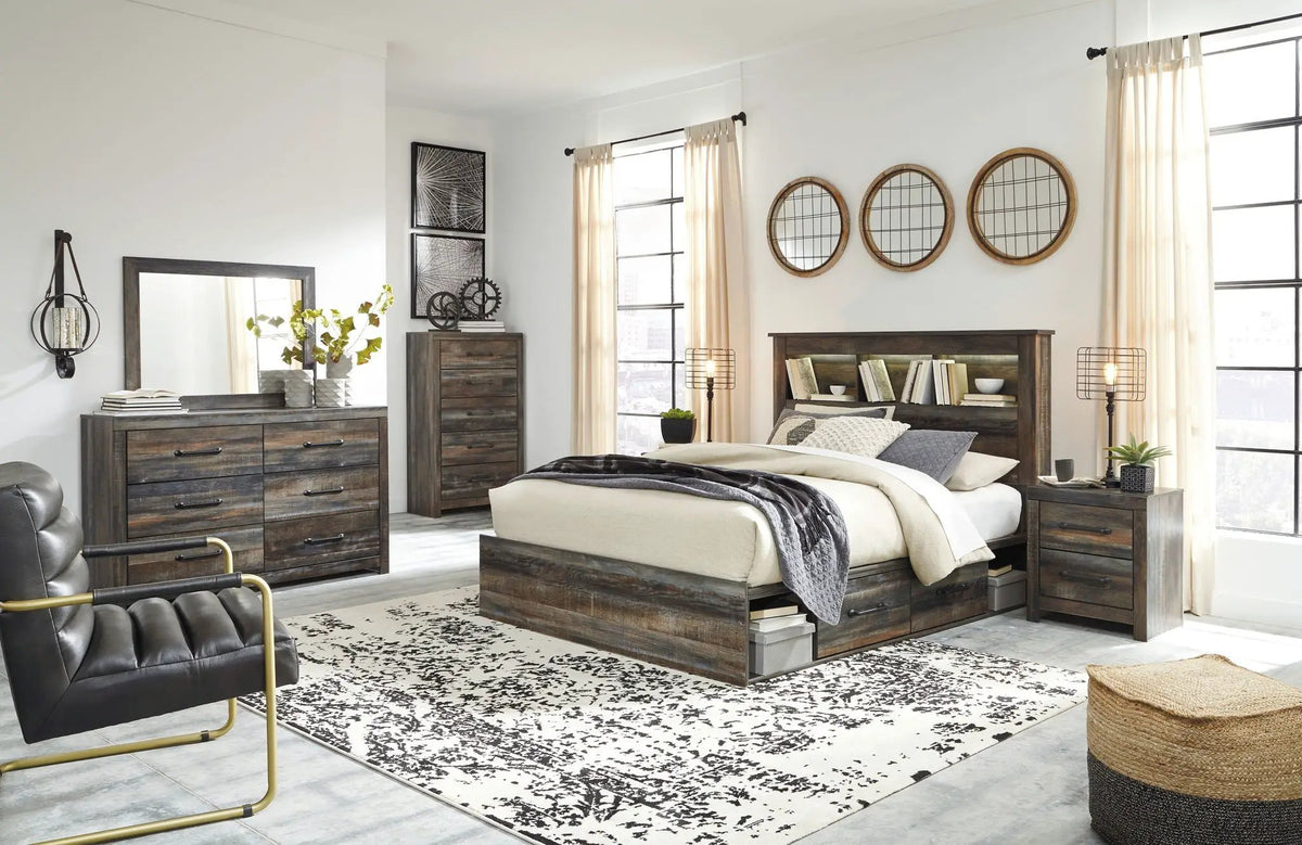 Drystan Panel Bookcase Bed | Storage Headboard | Rustic Industrial Style | 85 Inch Length