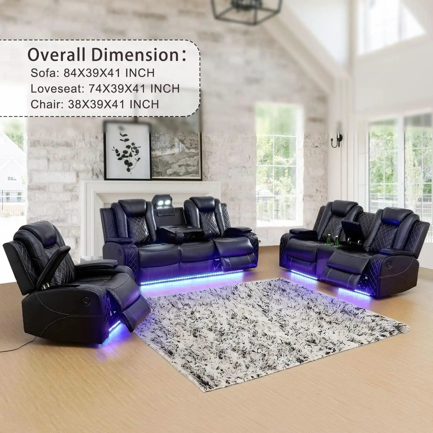 Power Leather Recliner Sofa Set LED Lights USB Ports Black from PriceLows™