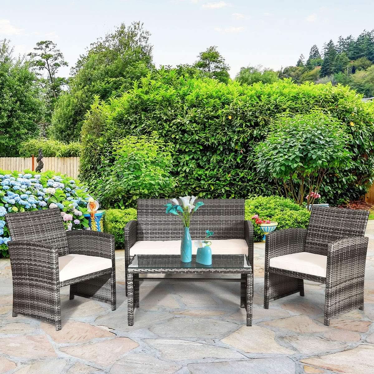 4 Piece Wicker Patio Conversation Set With Soft Cushions from PriceLows™