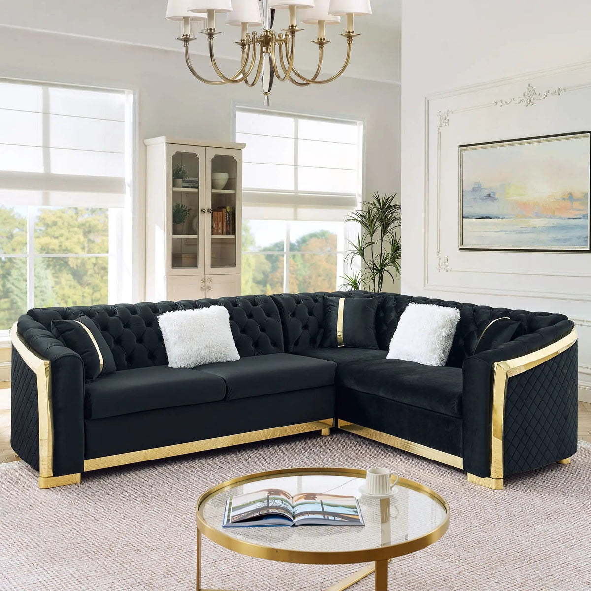 L Shaped Chesterfield Sectional Sofa With Stainless Steel Accents | 105.52 x 84.25 x 32.28 in | Stainless Steel | Living Room