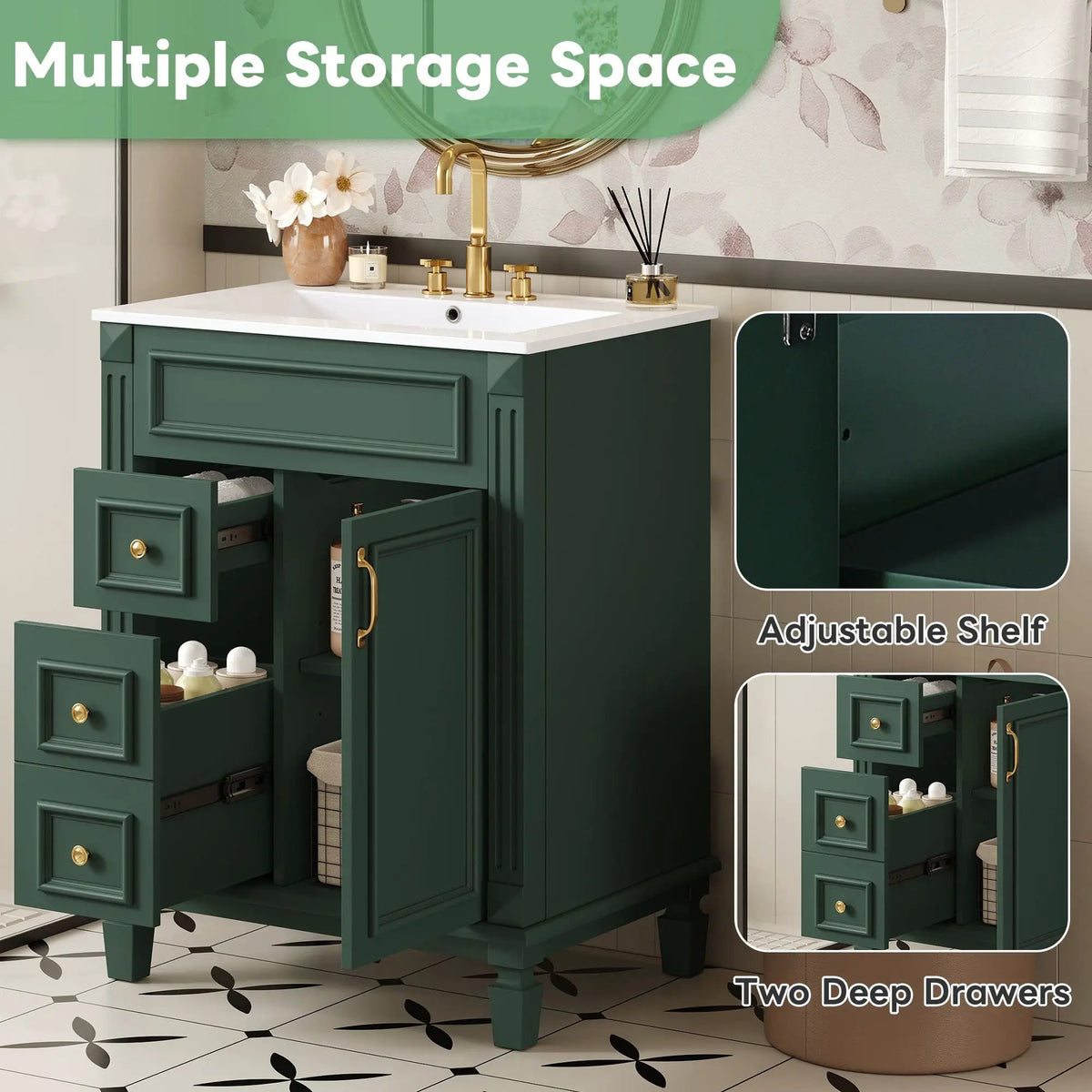 24 Inch Compact Bathroom Vanity | 2 Deep Drawers | Adjustable Shelf | Retro Button Handles