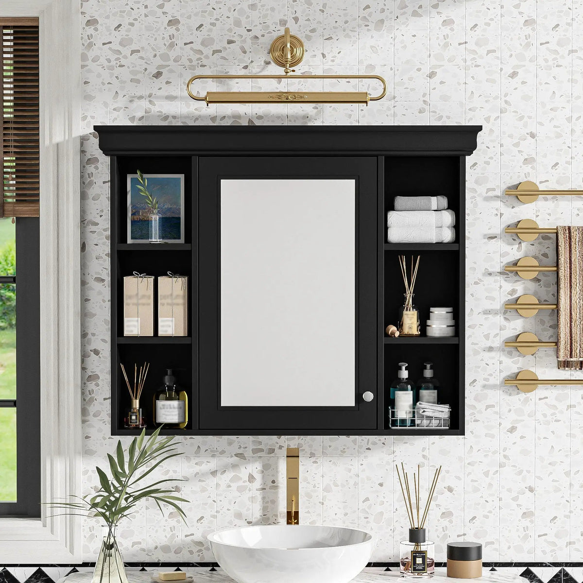 Wall Mounted Bathroom Storage Cabinet | Mirror Door | Silver Metal Handles | Open Shelves