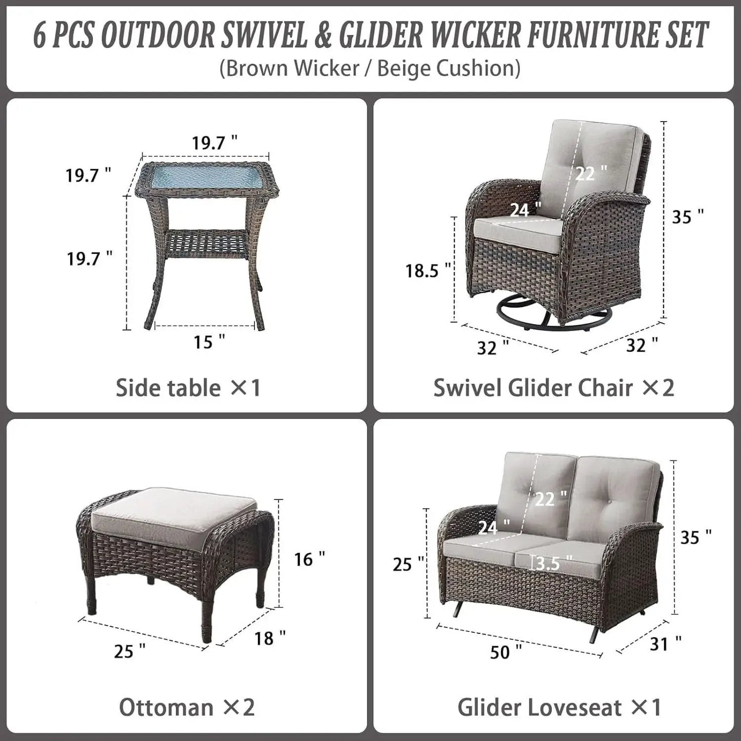 Six Piece Wicker Patio Set Brown With Swivel Chairs from PriceLows™