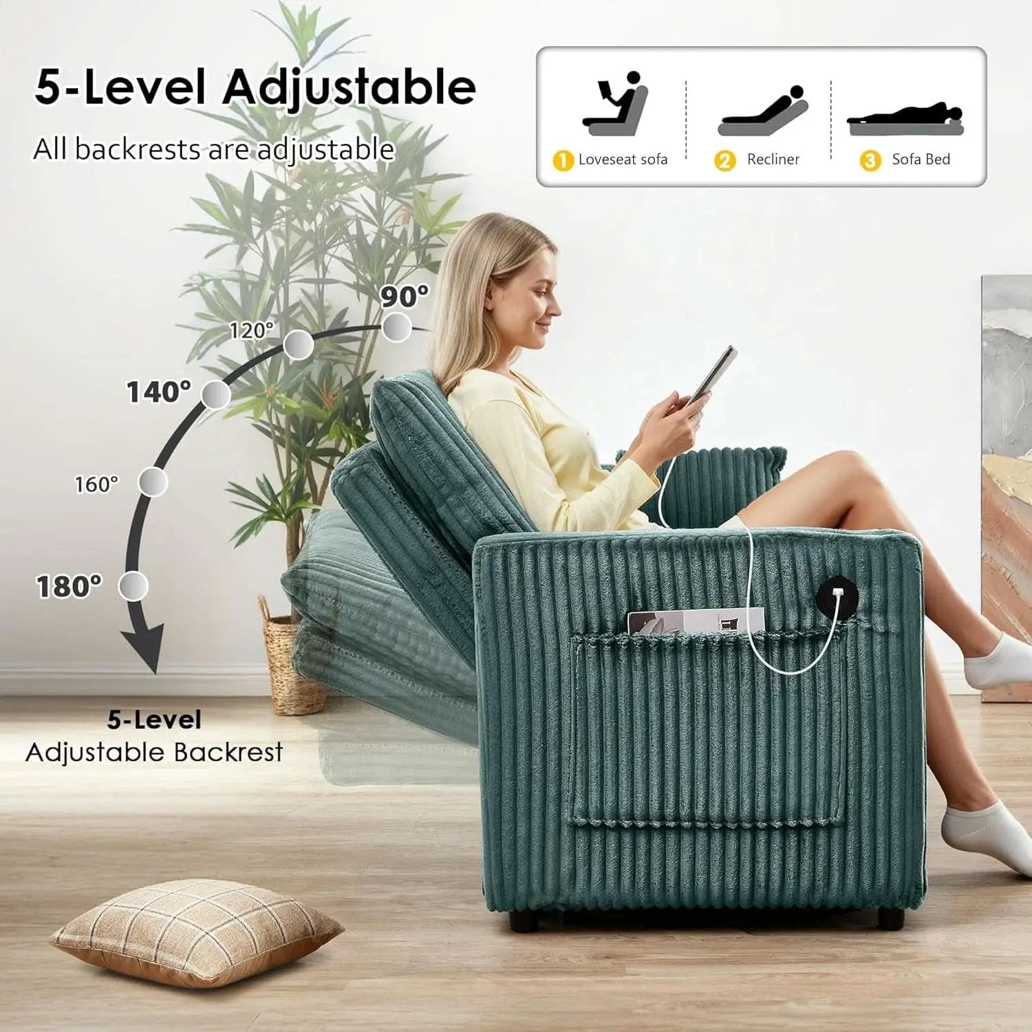 65Inch Sleeper Sofa Bed CorduroyFabric Emerald Green from PriceLows™