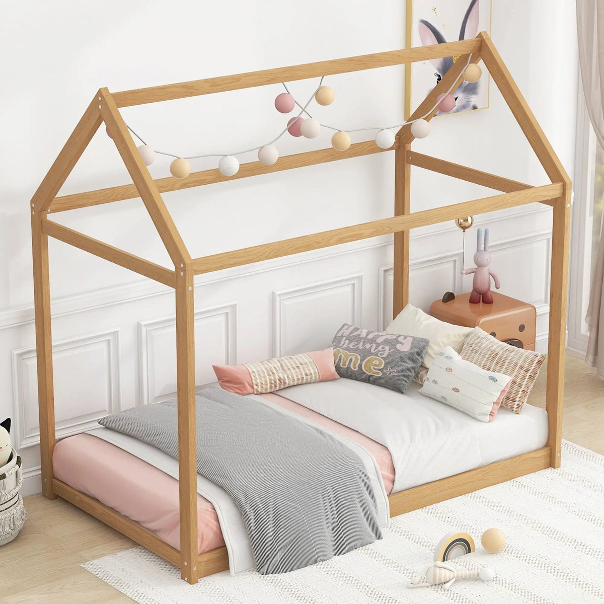 Wooden House Shaped Bed | Roof-Like Structure | Low Profile Design | 78.3 Inch Length