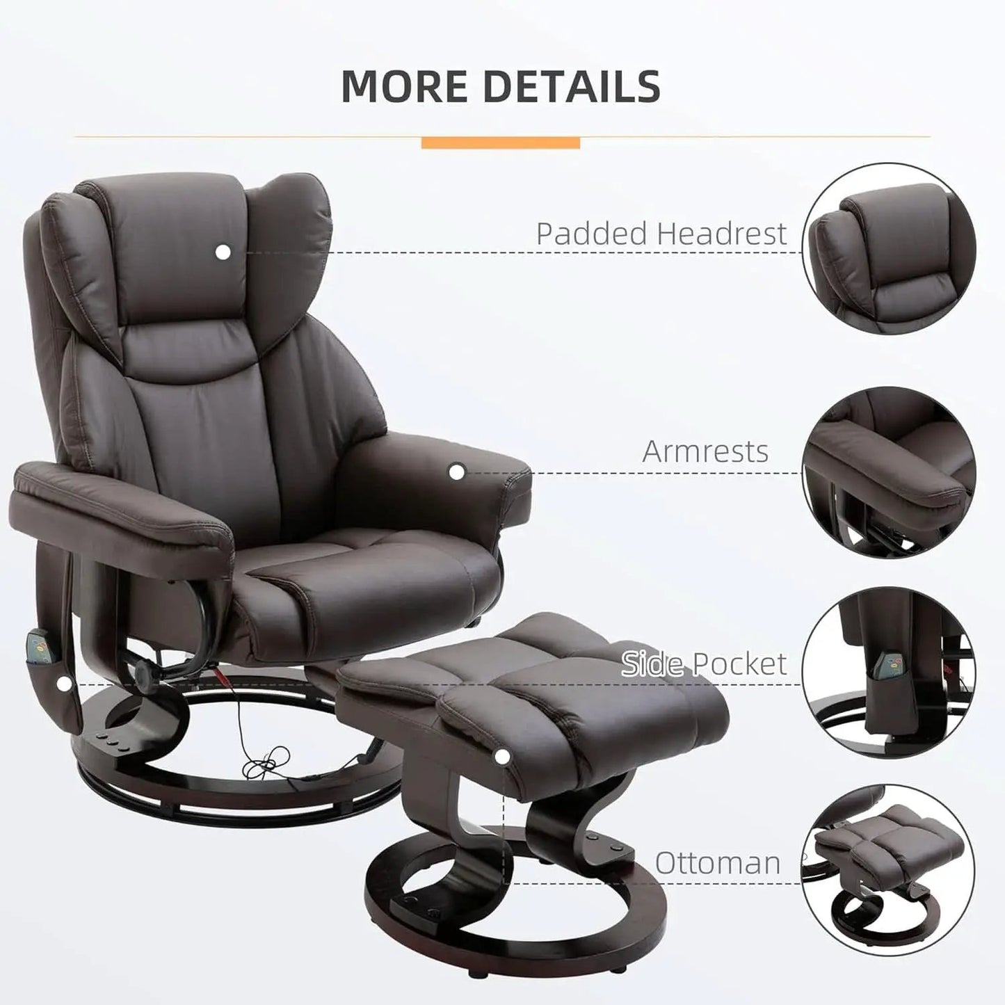 Brown Faux Leather Massage Recliner Chair With Ottoman from PriceLows™