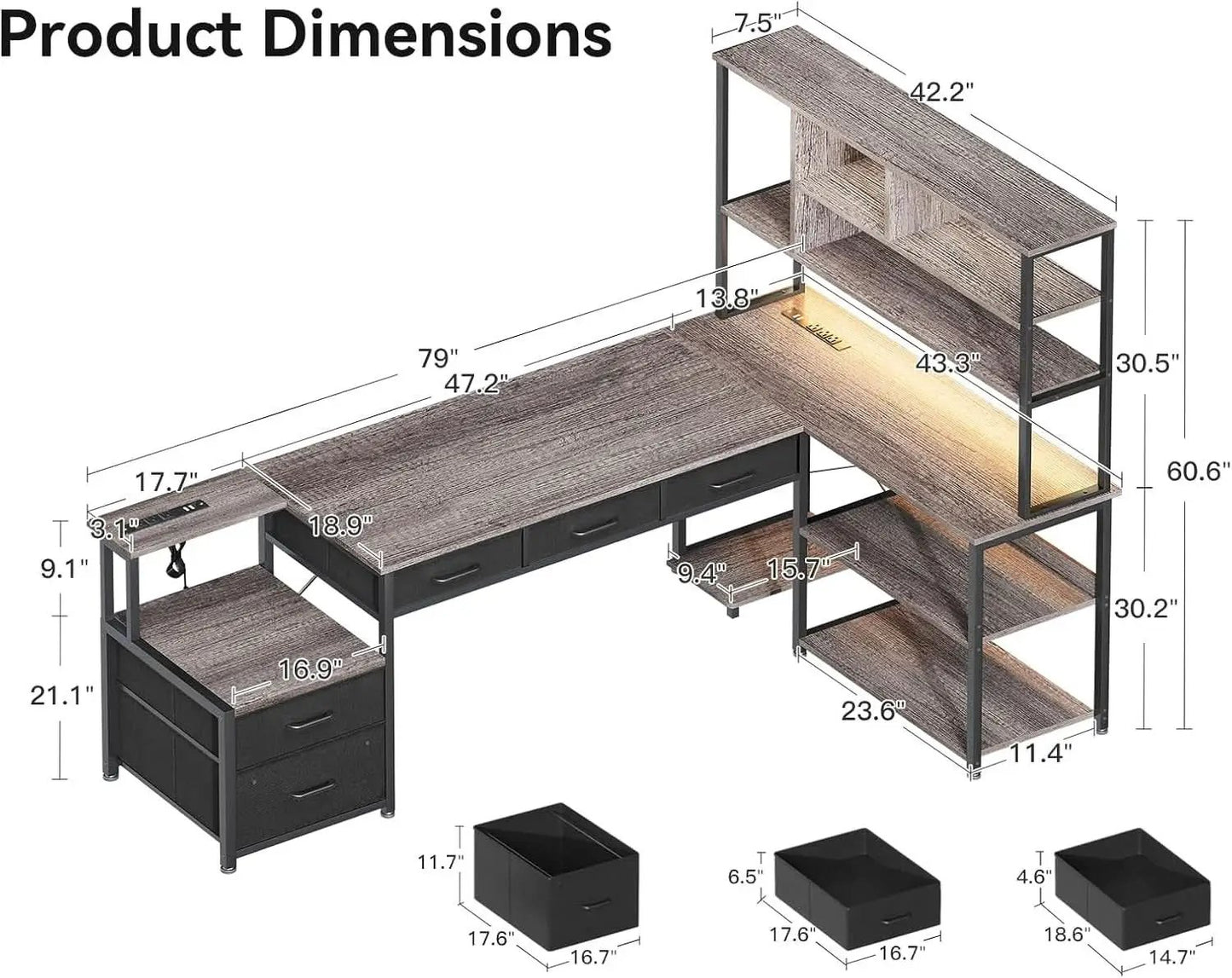 79 Inch L Shaped Desk With LED Lights Power Outlets from PriceLows™
