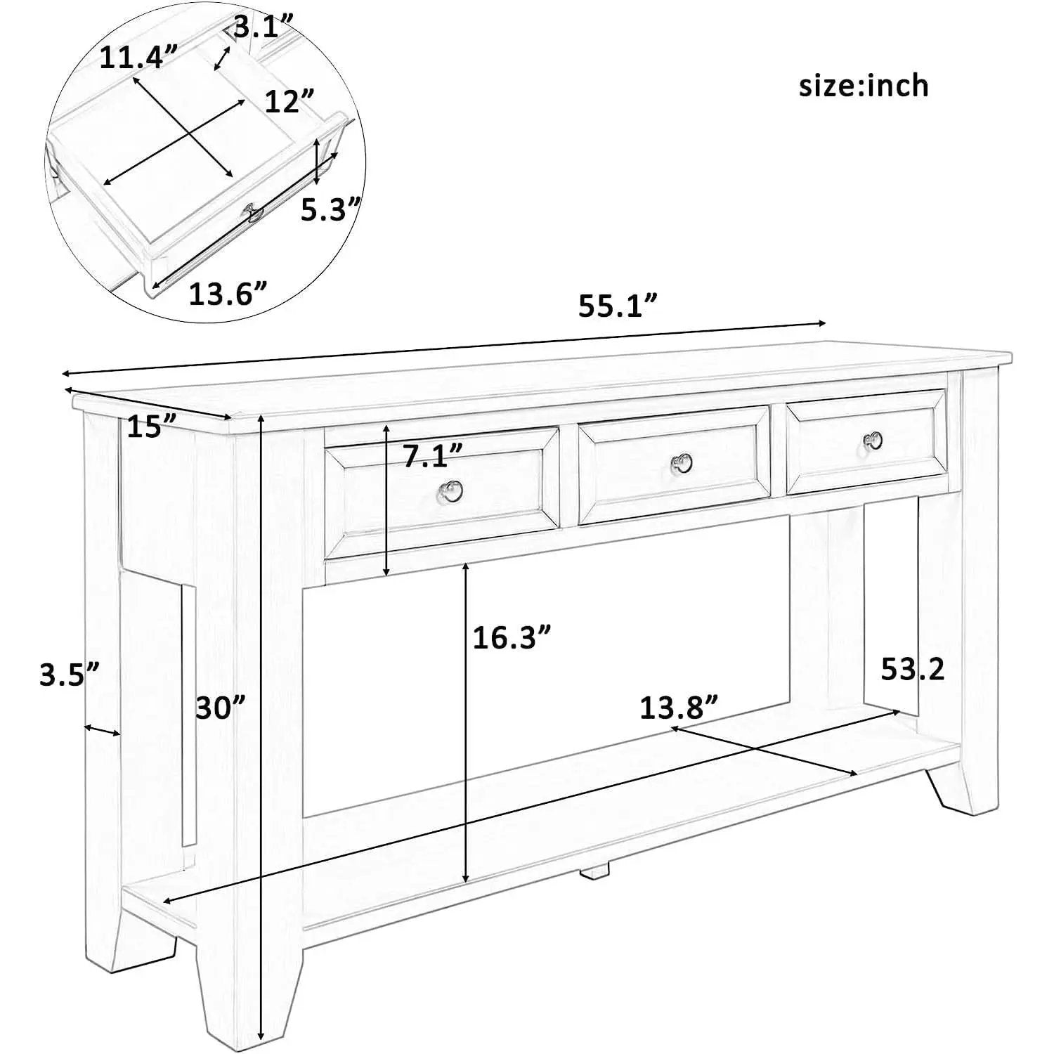 Black Console Table 55In Wide With 3 Drawers And Shelf from PriceLows™