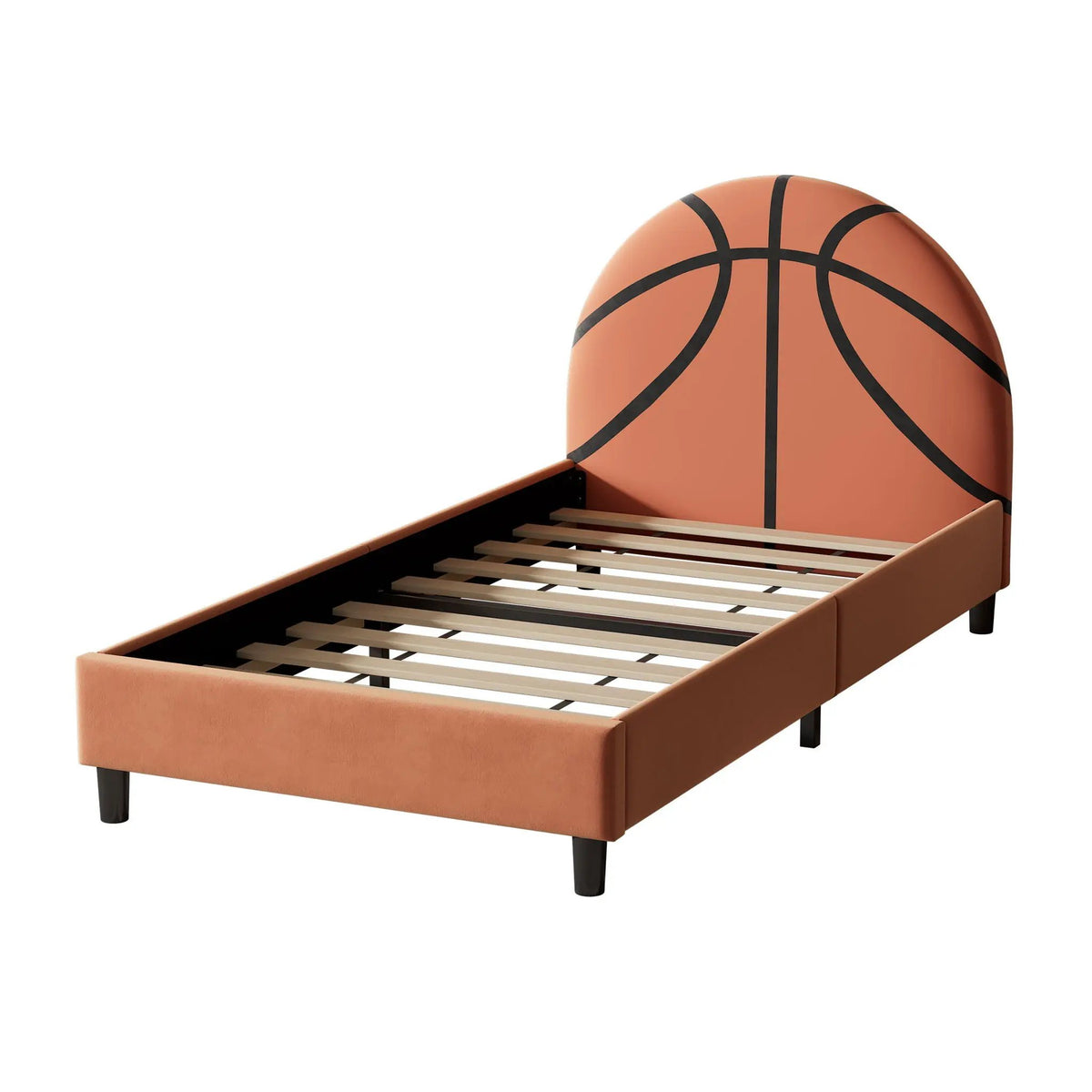 Twin Platform Bed | Basketball Headboard | Orange | Velvet Upholstery