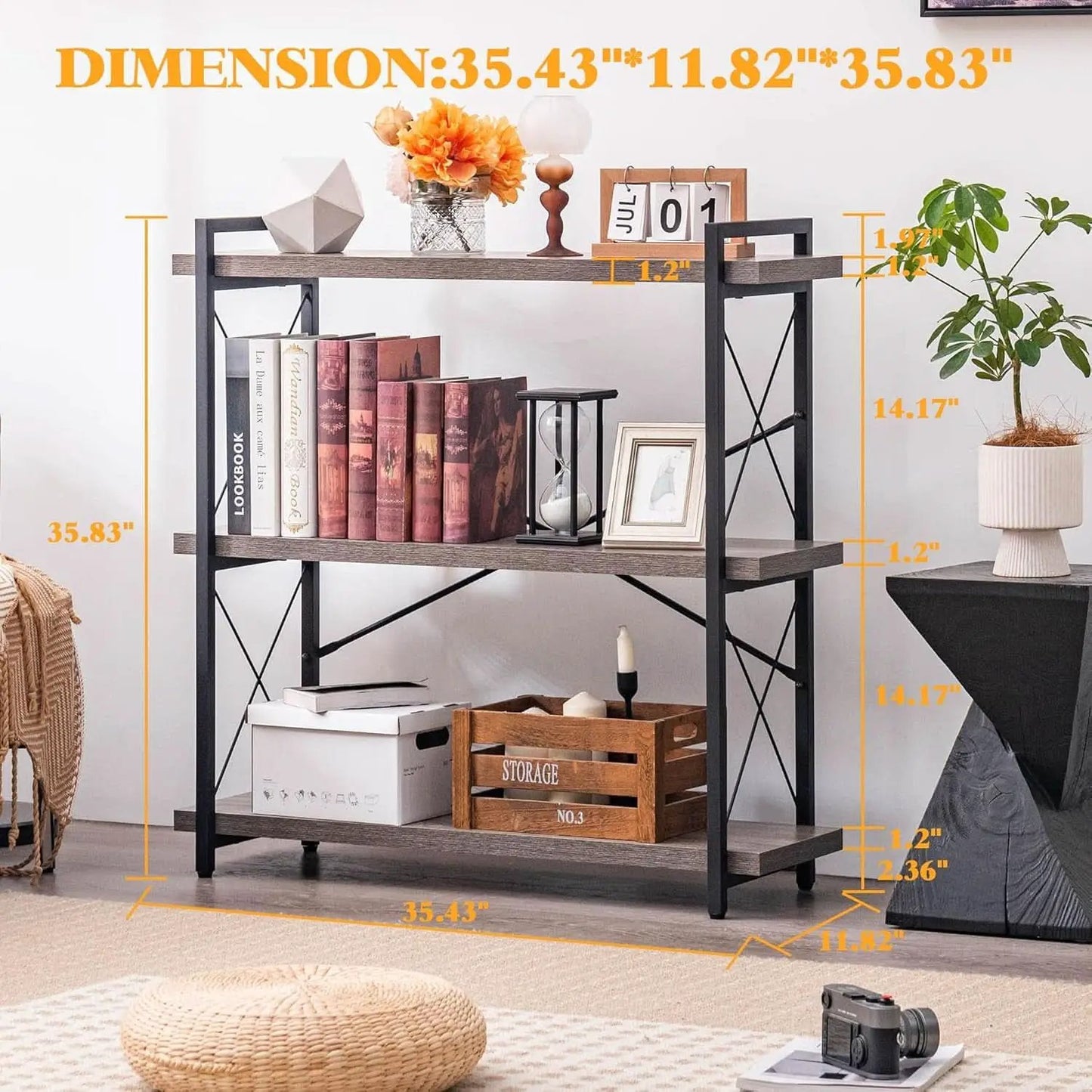 Three Tier Industrial Bookshelf With Rustic Open Metal Frame from PriceLows™