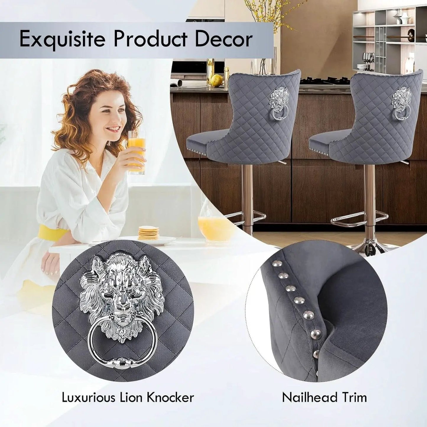 Velvet Adjustable Swivel Bar Stools Dark Grey Set Of 4 from PriceLows™