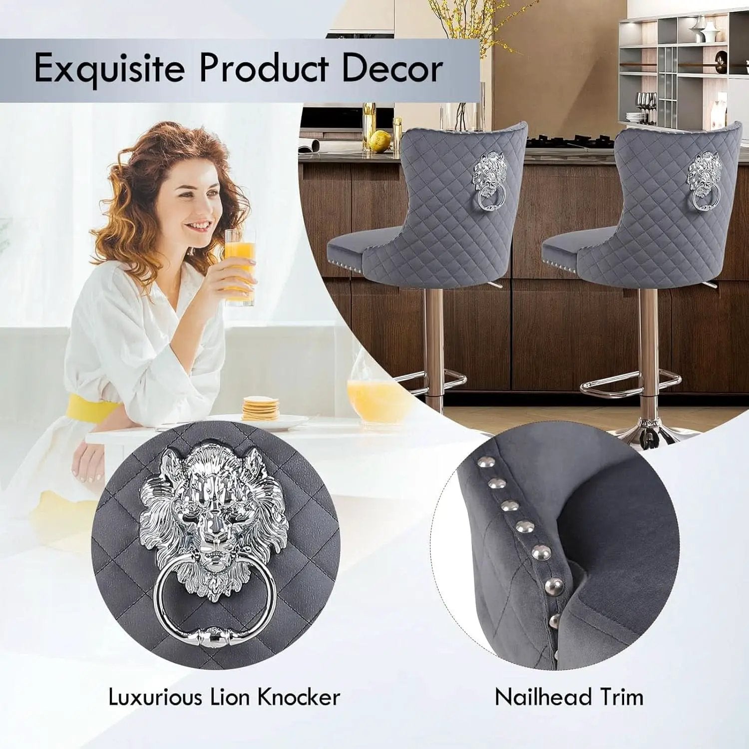 Velvet Adjustable Swivel Bar Stools Dark Grey Set Of 4 from PriceLows™