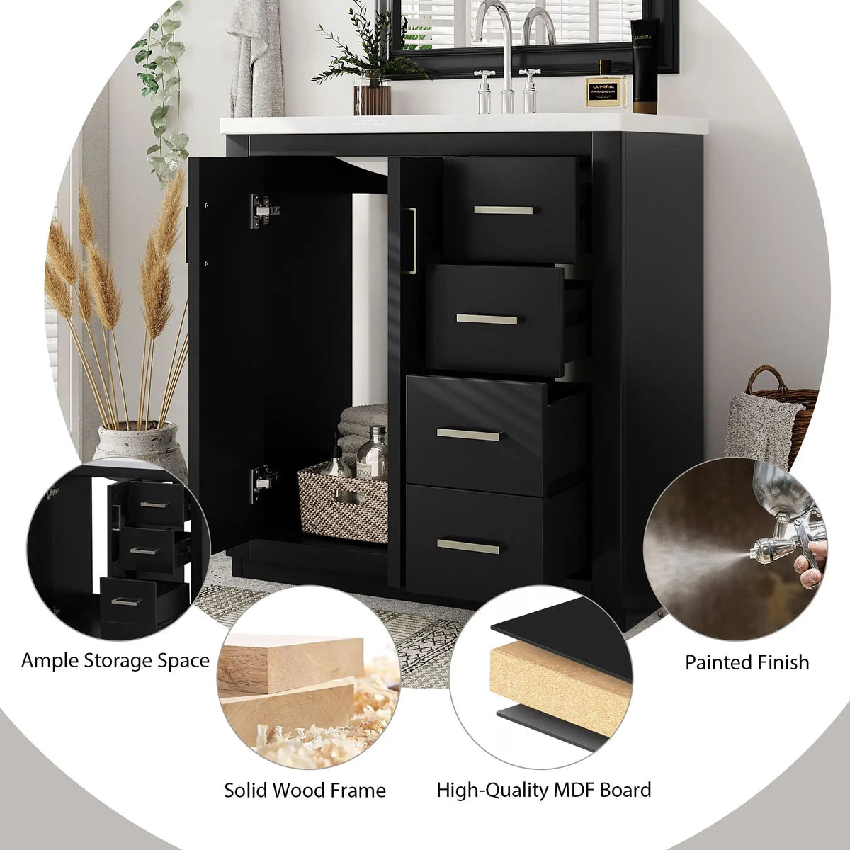 30 Inch Bathroom Vanity | Freestanding Set | 3 Drawers | Solid Wood Frame