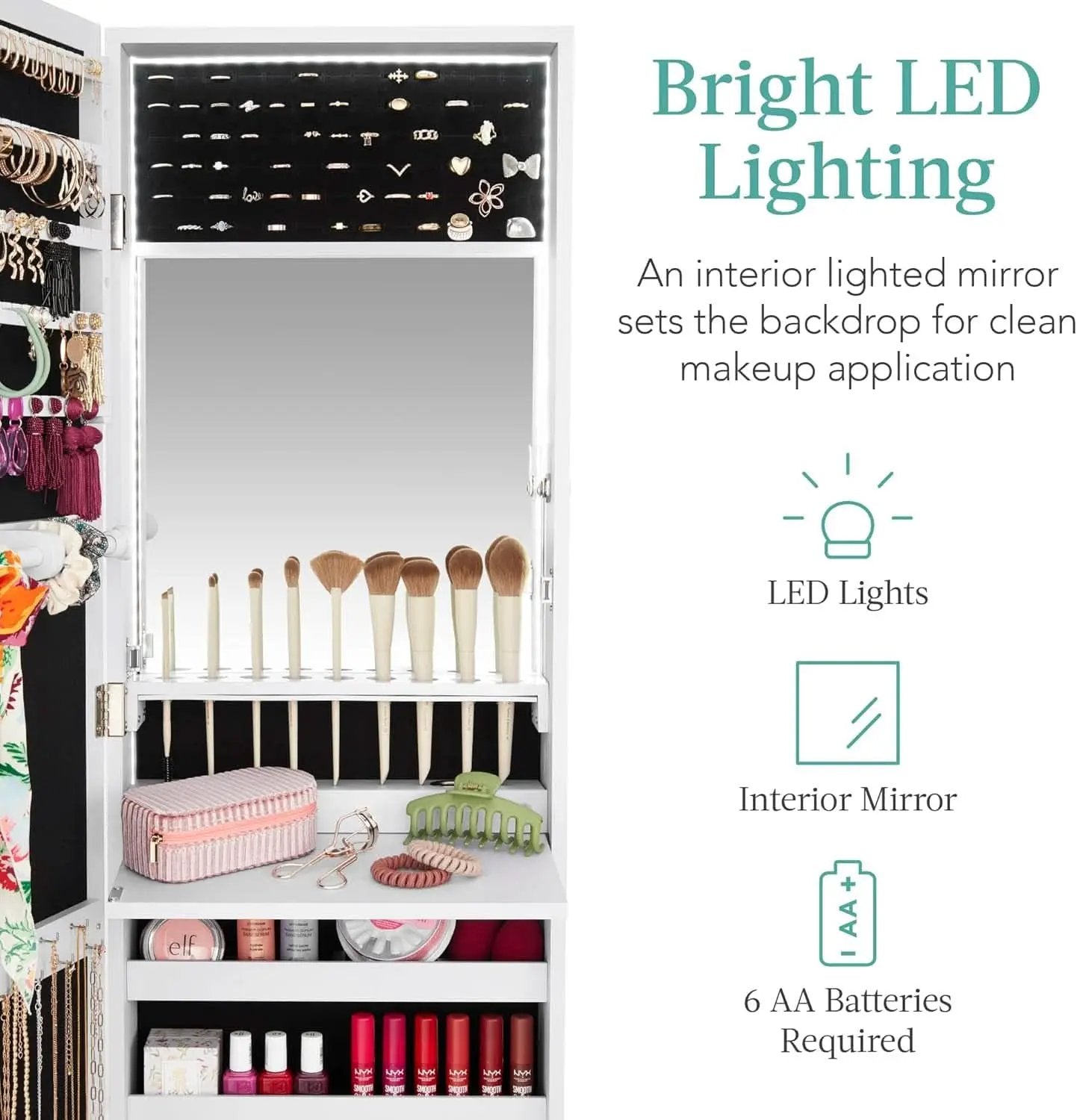 White Led Mirror Jewelry Cabinet With Lock And Drawers from PriceLows™