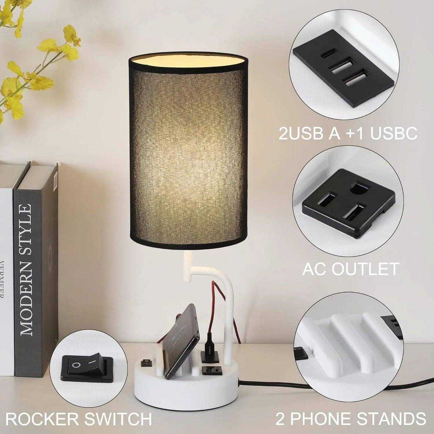 Table Lamp With 3 USB Ports And AC Outlet White Black from PriceLows™