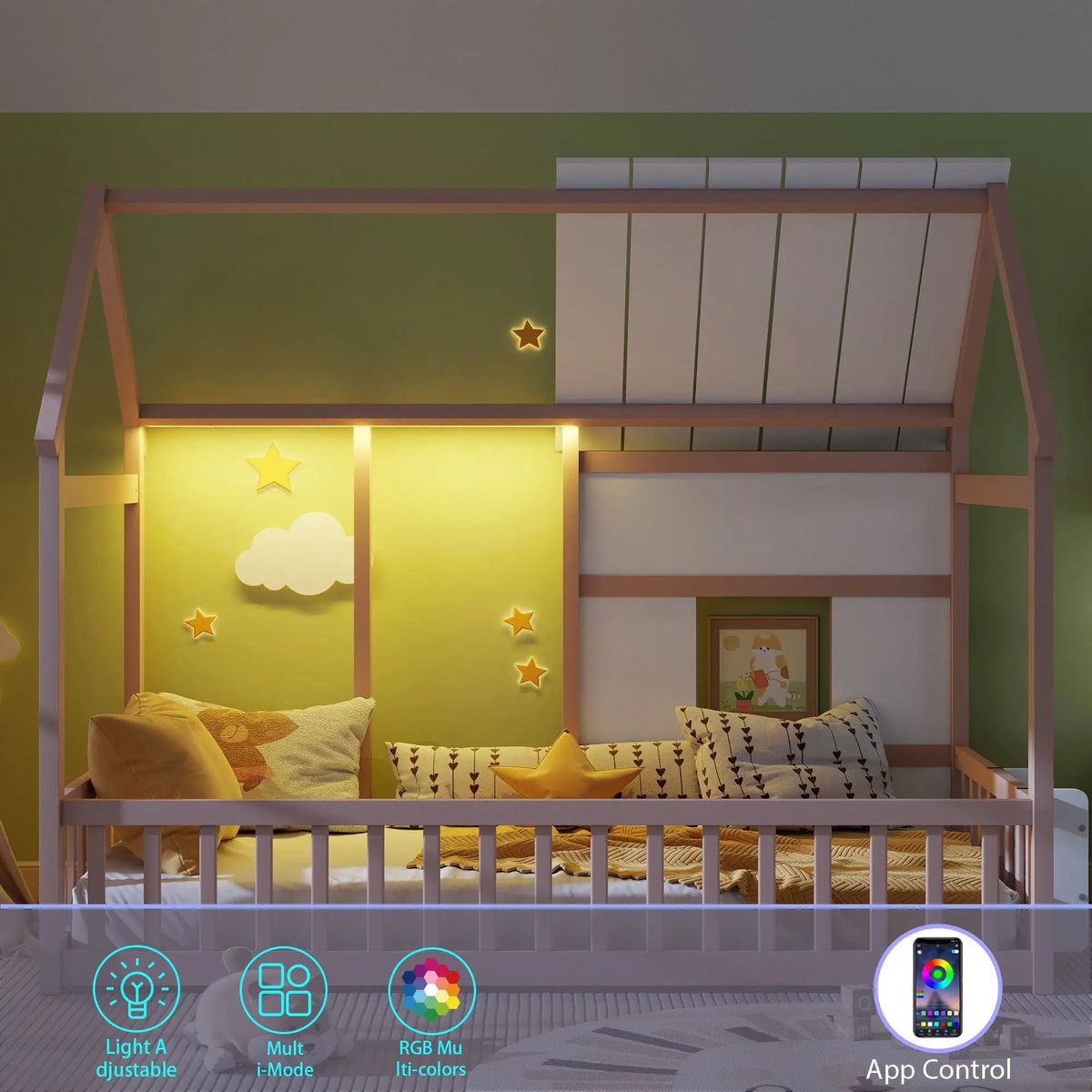 House Floor Bed | 7 Color LED Lights | Built In Bookshelf