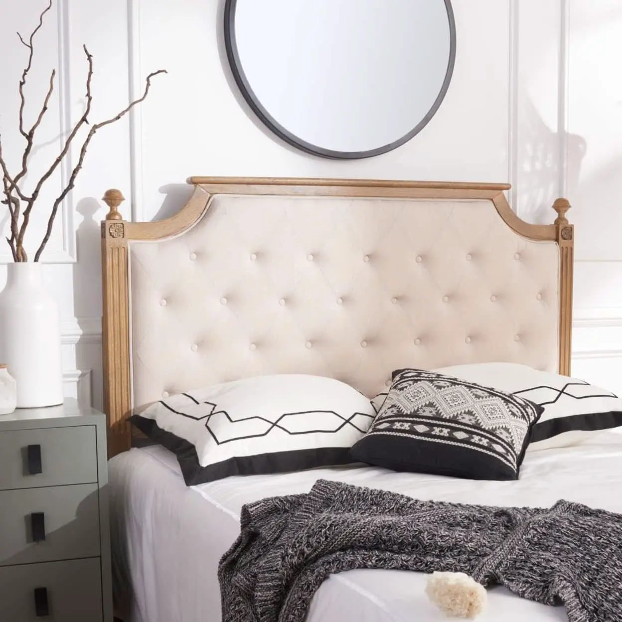 Tufted Linen Headboard in Beige and Rustic Oak from PriceLows™