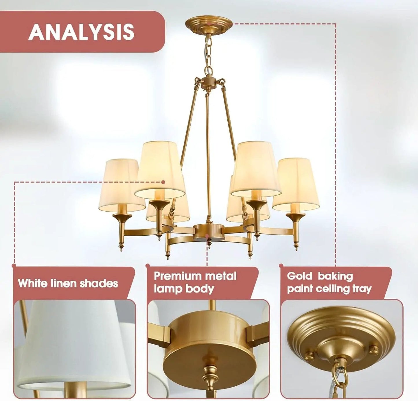 Gold Wagon Wheel Chandelier With White Linen Shade 6 Light from PriceLows™