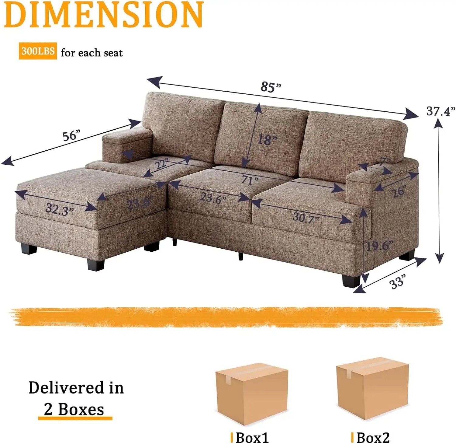 85 Inch L Shaped Couch Armrest Organizer Movable Ottoman from PriceLows™