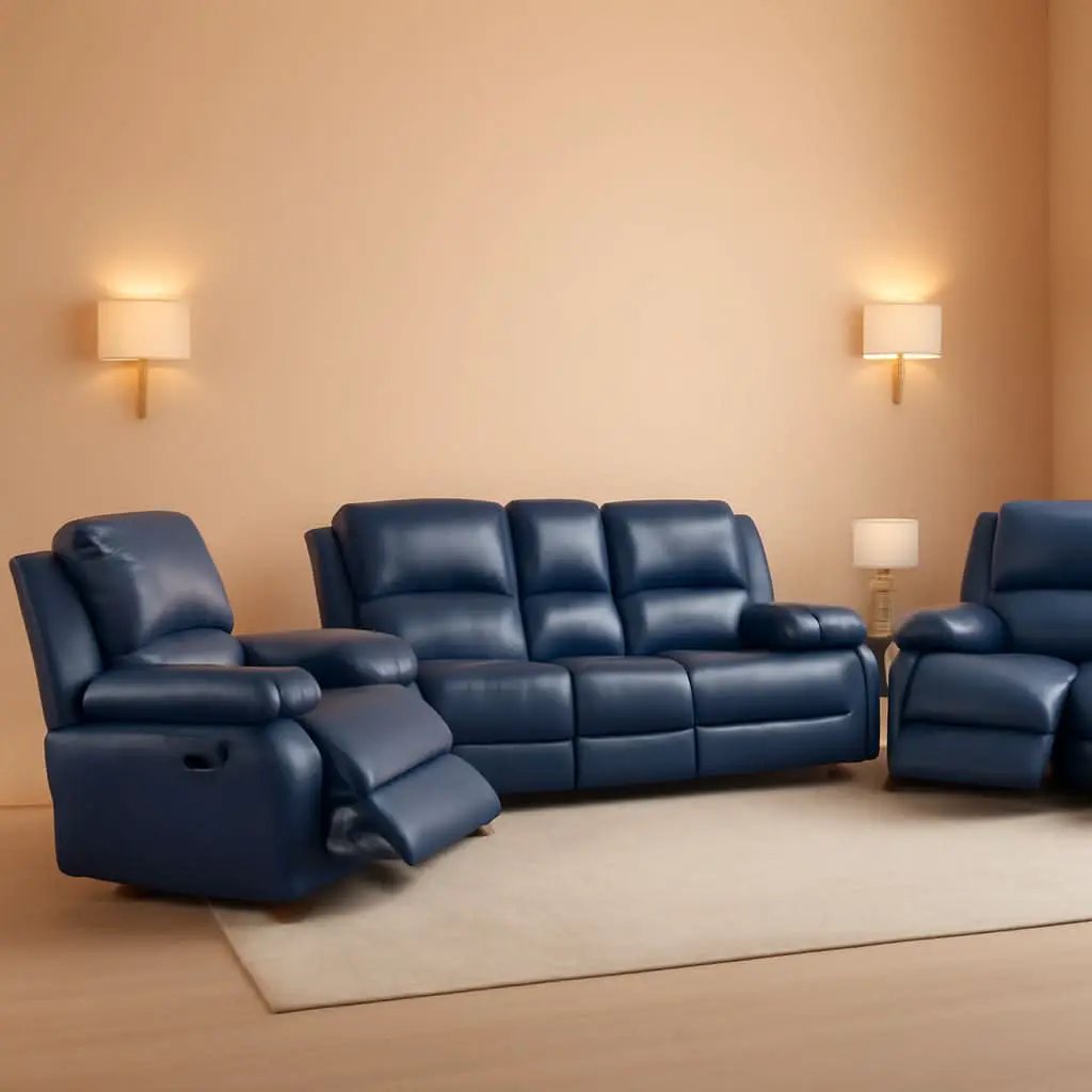Blue Leather Reclining Sofa Set With Drop Table And Storage from PriceLows™