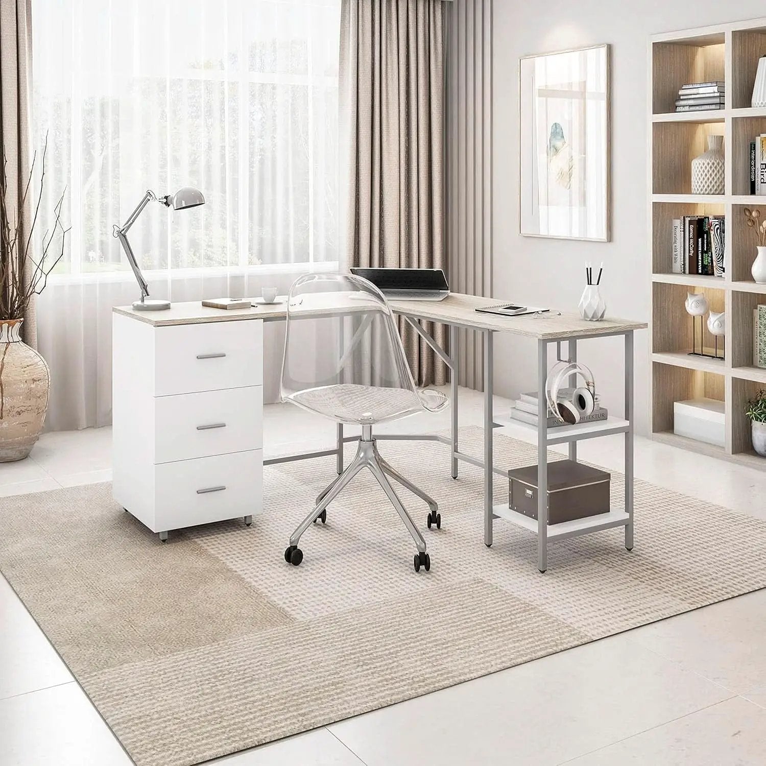 L Shaped Desk Two Toned With Drawers And Open Shelf Home Office from PriceLows™
