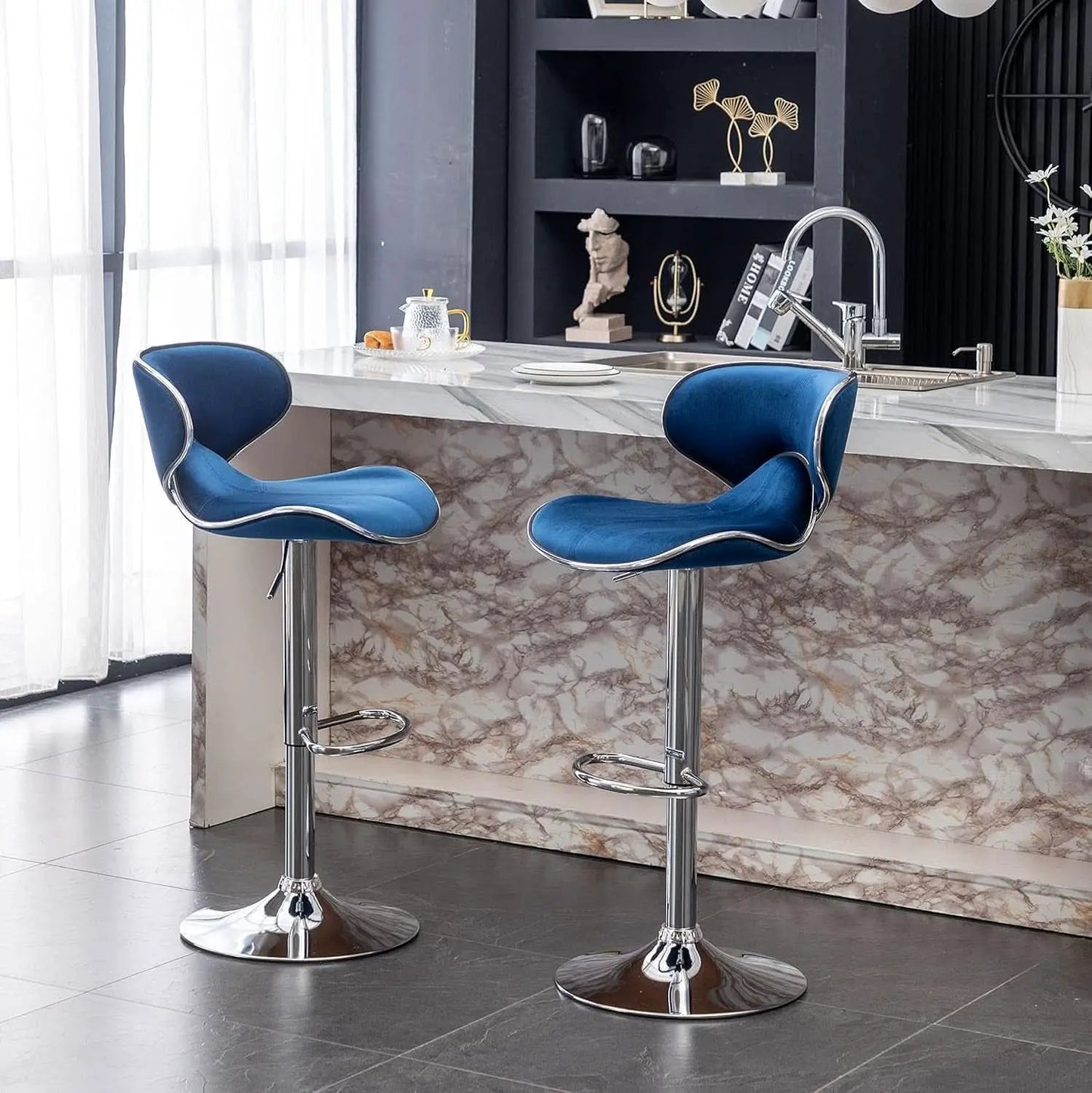 Blue Velvet Upholstered Adjustable Swivel Barstool Set Of 2 from PriceLows™
