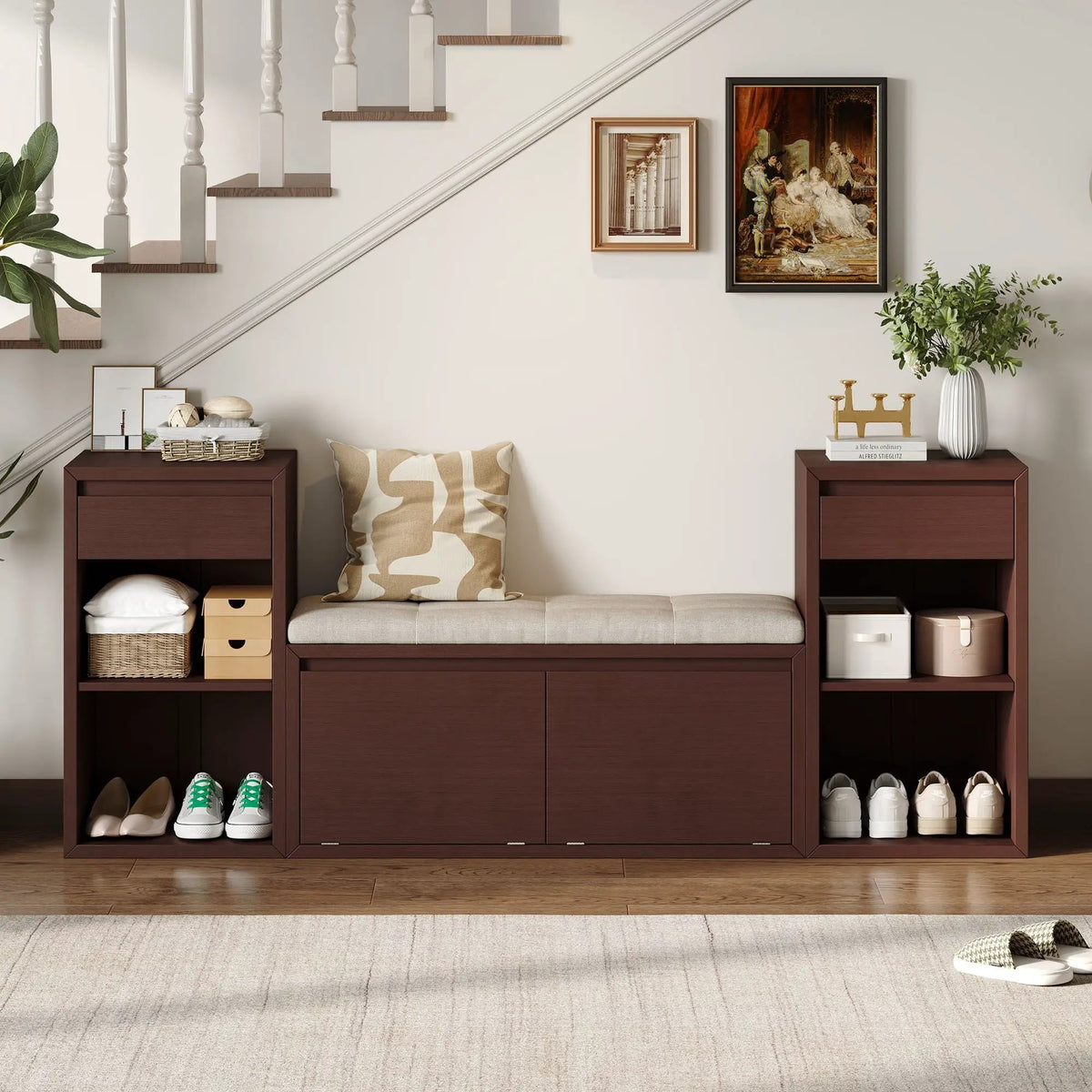 Entryway Storage Bench | Flip Top Compartment | Pine Wood Frame