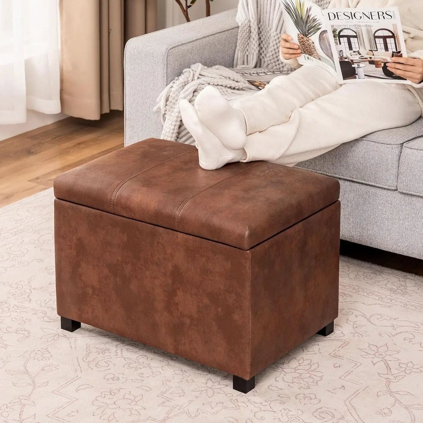 Leather Storage Ottoman Bench 24 Inches Rectangular from PriceLows™