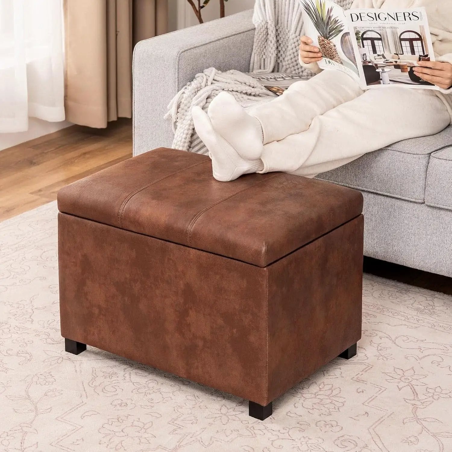 Leather Storage Ottoman Bench 24 Inches Rectangular from PriceLows™
