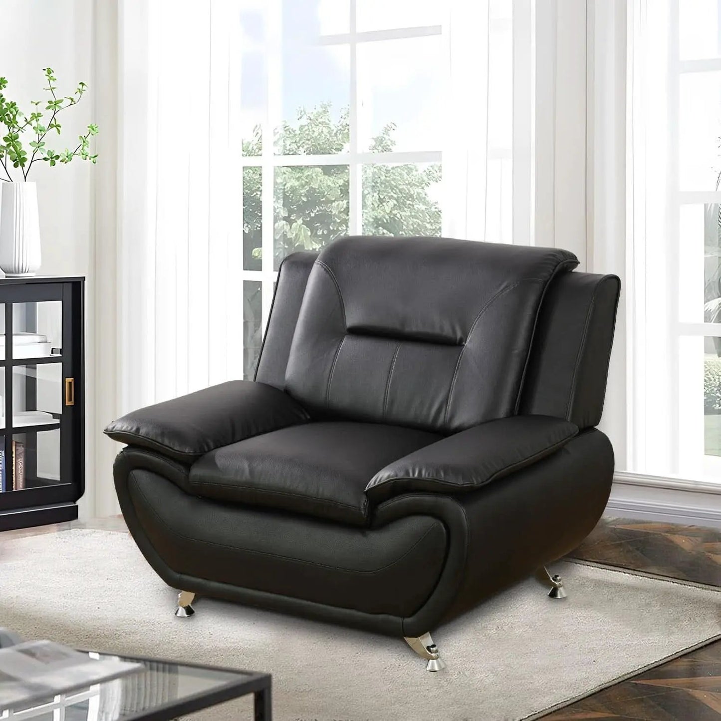Faux Leather 3 Piece Modern Living Room Sofa Set Black from PriceLows™