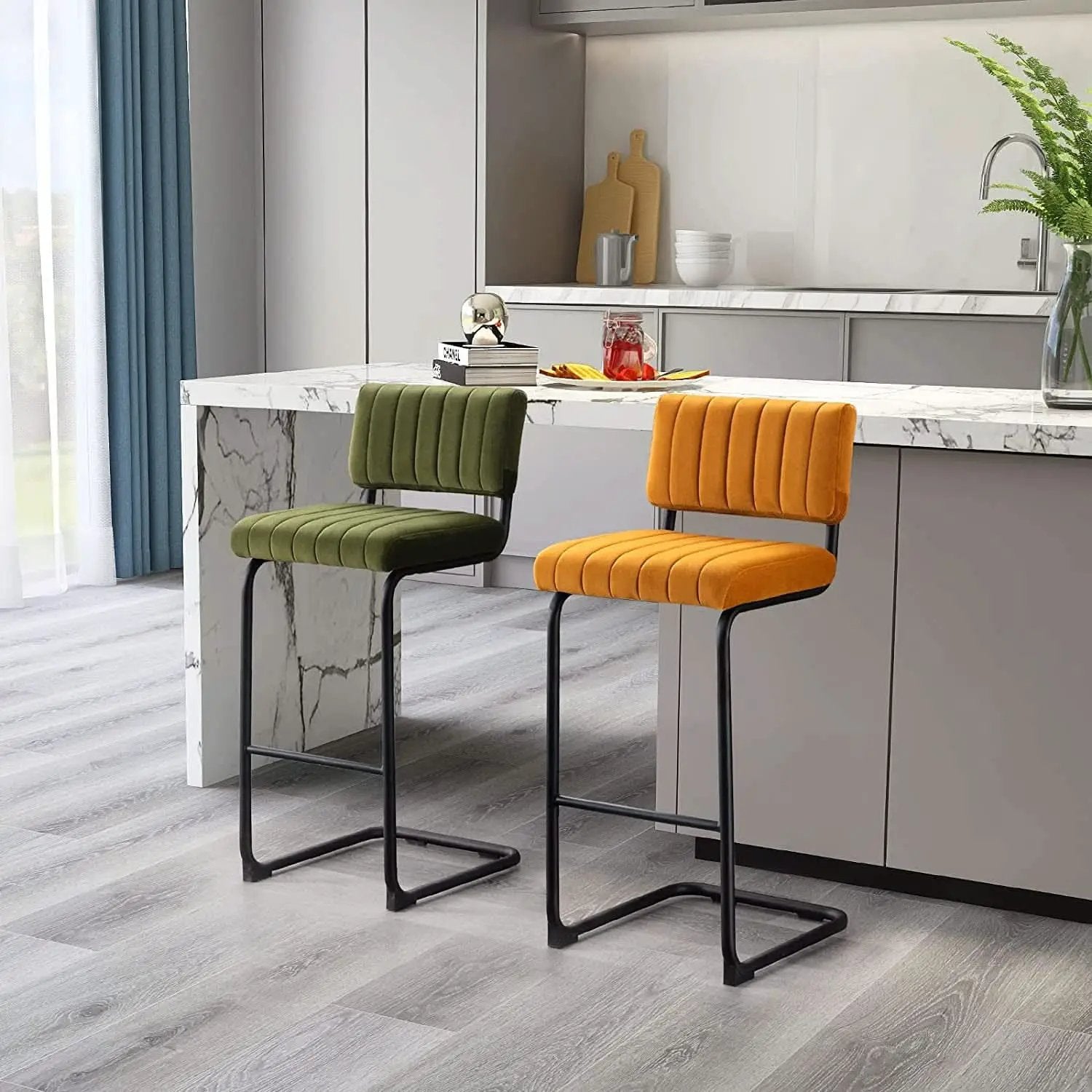 Velvet Bar Height Stools Orange Cantilever Set of 2 from PriceLows™