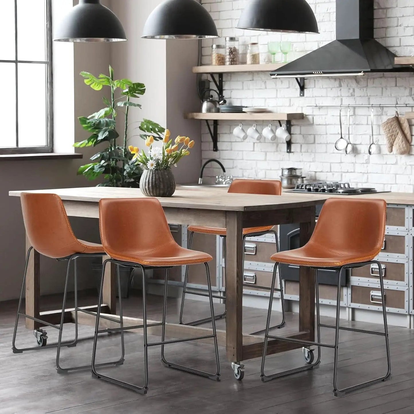 26 Inch Counter Height Bar Stools Set Of 4 With Back Brown Faux Leather And Metal Legs from PriceLows™