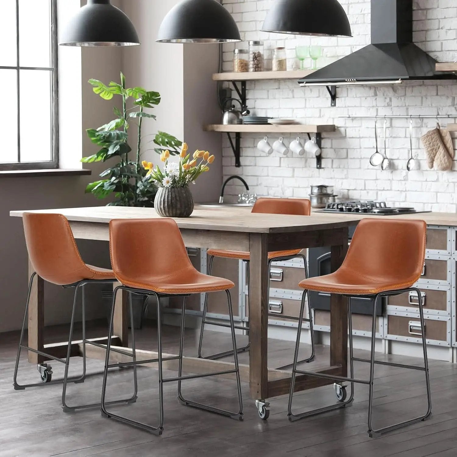 26 Inch Counter Height Bar Stools Set Of 4 With Back Brown Faux Leather And Metal Legs from PriceLows™