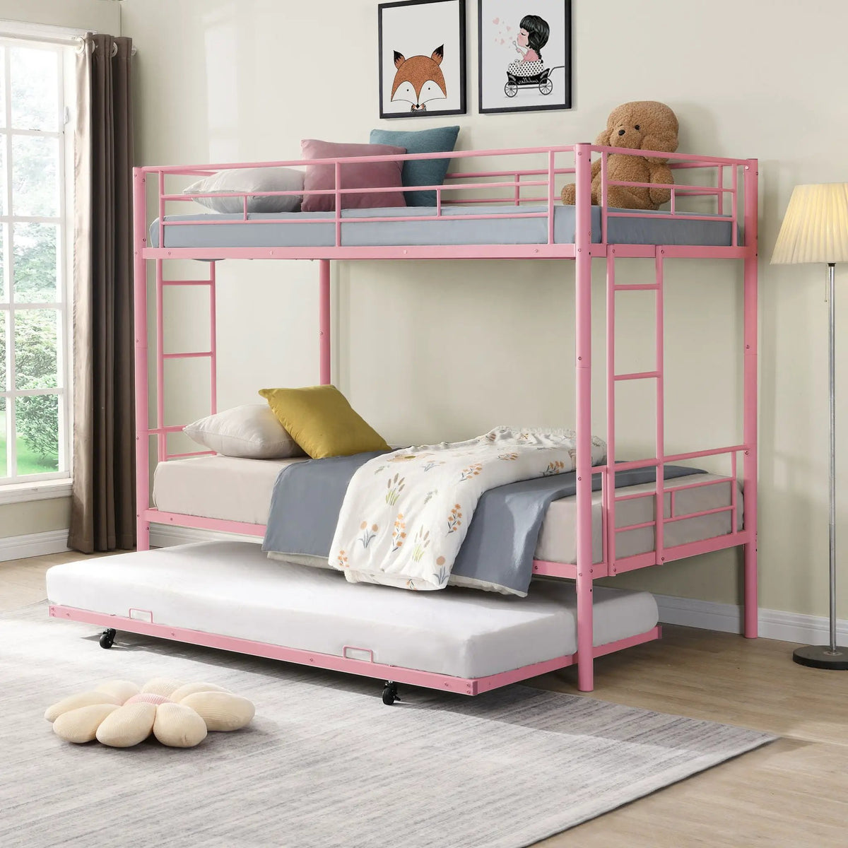 Bunk Bed With Trundle | Heavy Duty Steel | Space Saving | Twin Top