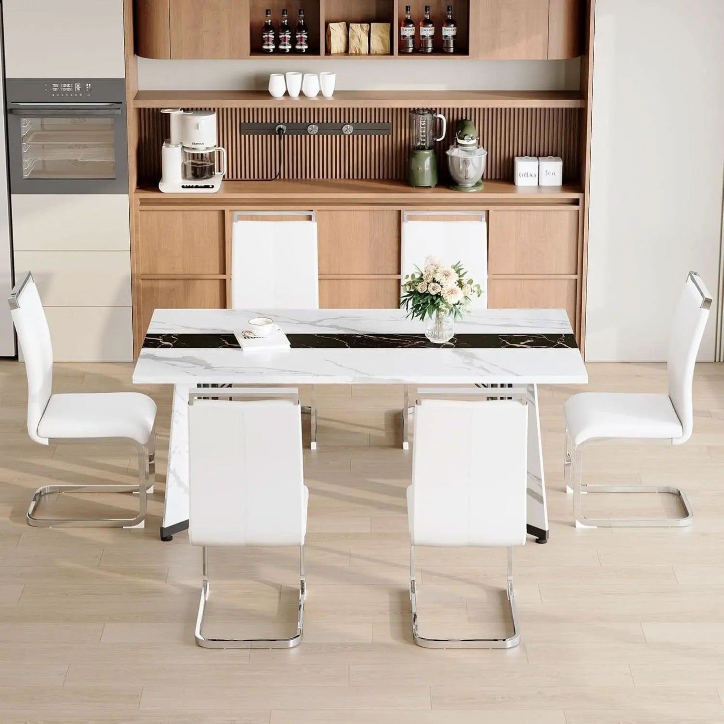 Dining Table Set For Six Seventy One Inch White Marble Top Leather Chairs from PriceLows™