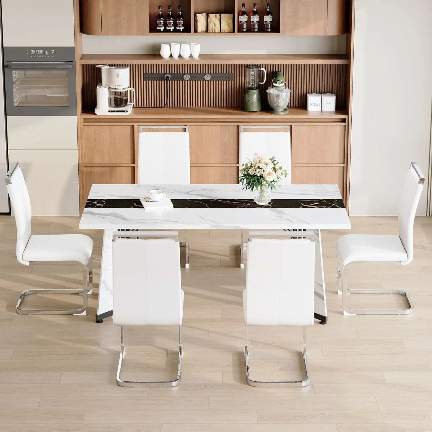 Dining Table Set For Six Seventy One Inch White Marble Top Leather Chairs from PriceLows™