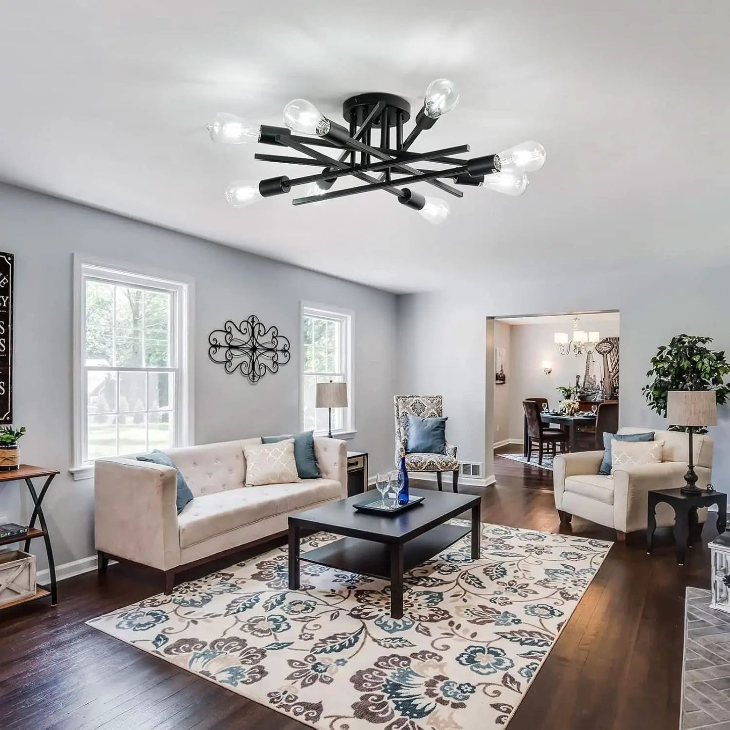 8 Light Matte Black Sputnik Chandelier Semi Flush Mount from PriceLows™