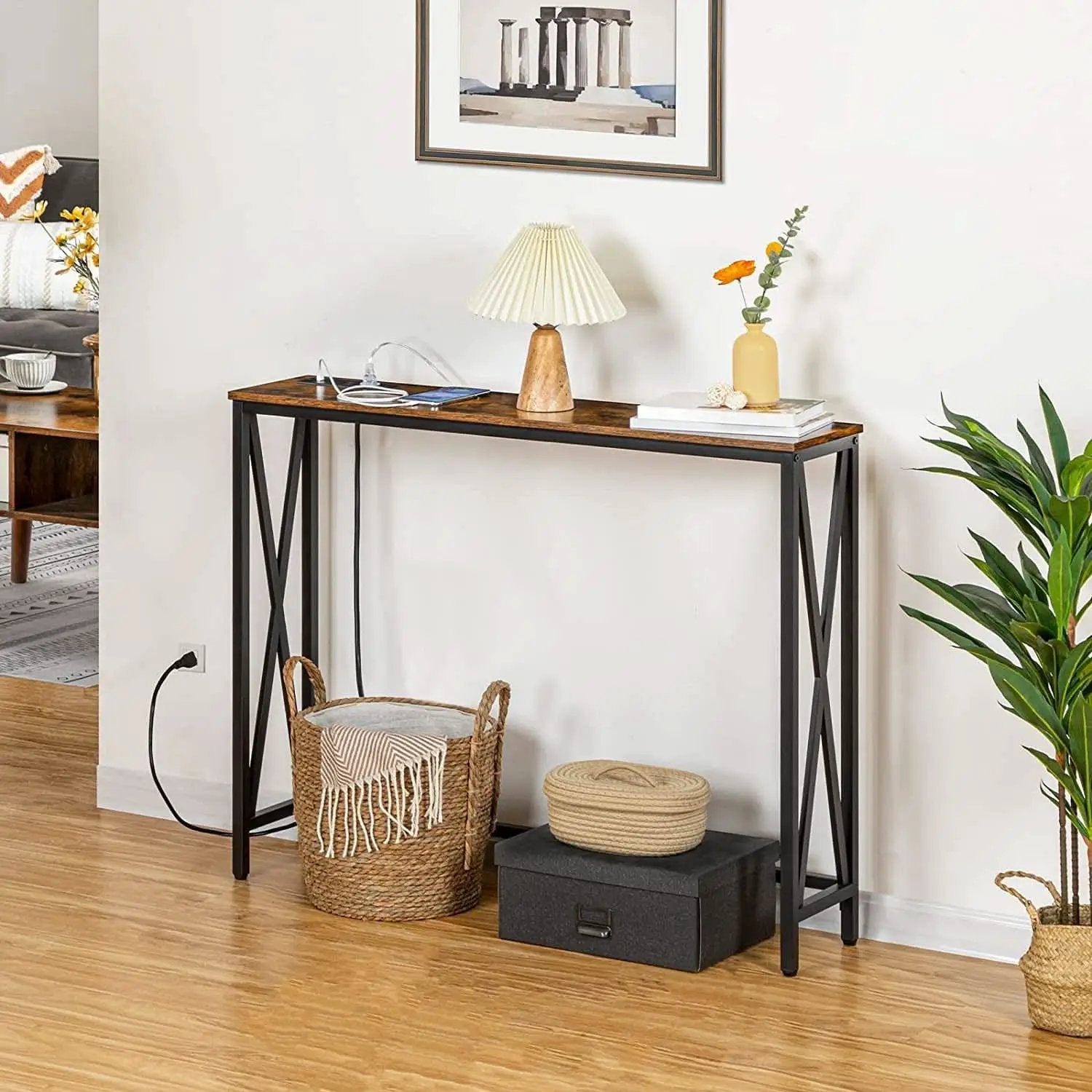Rustic Brown Sofa Table With Power Outlet And USB Ports from PriceLows™