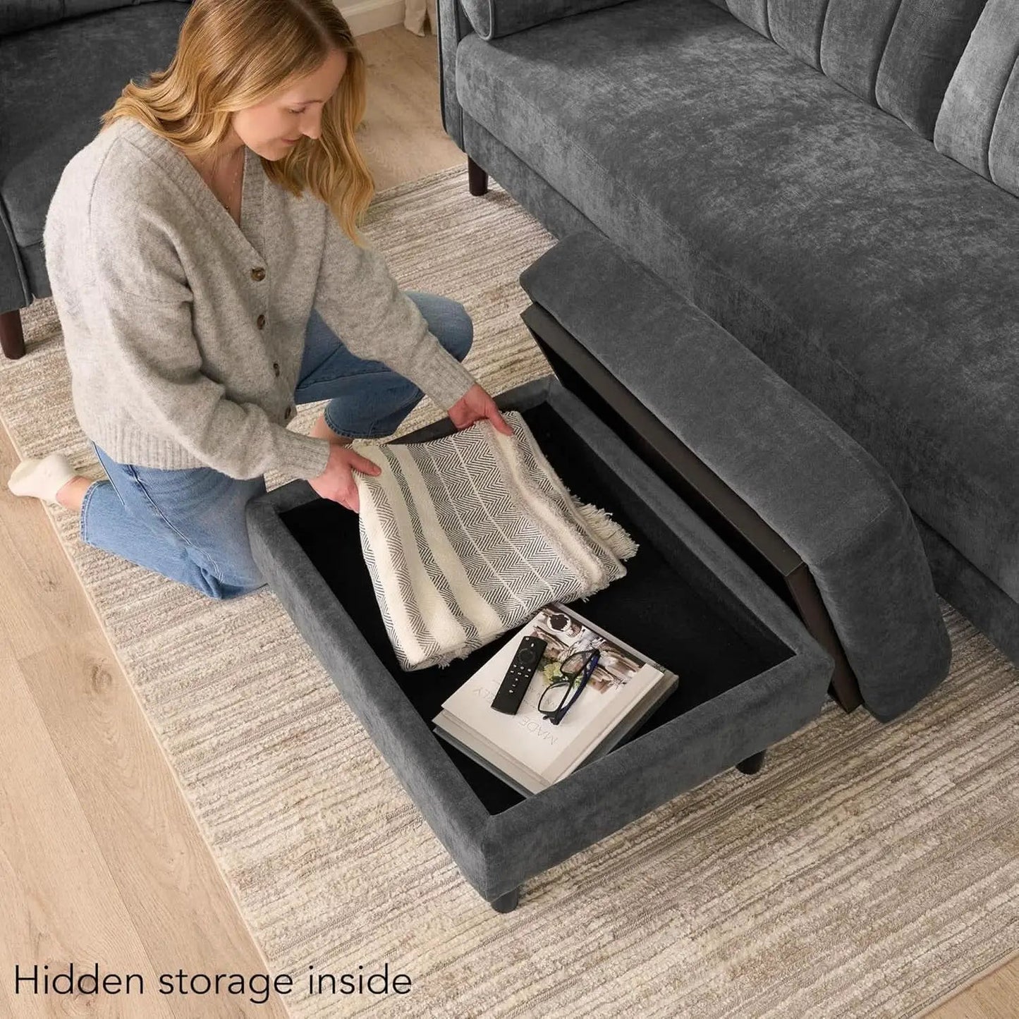 Iron Gray Chenille Reinforced Storage Ottoman Tray from PriceLows™