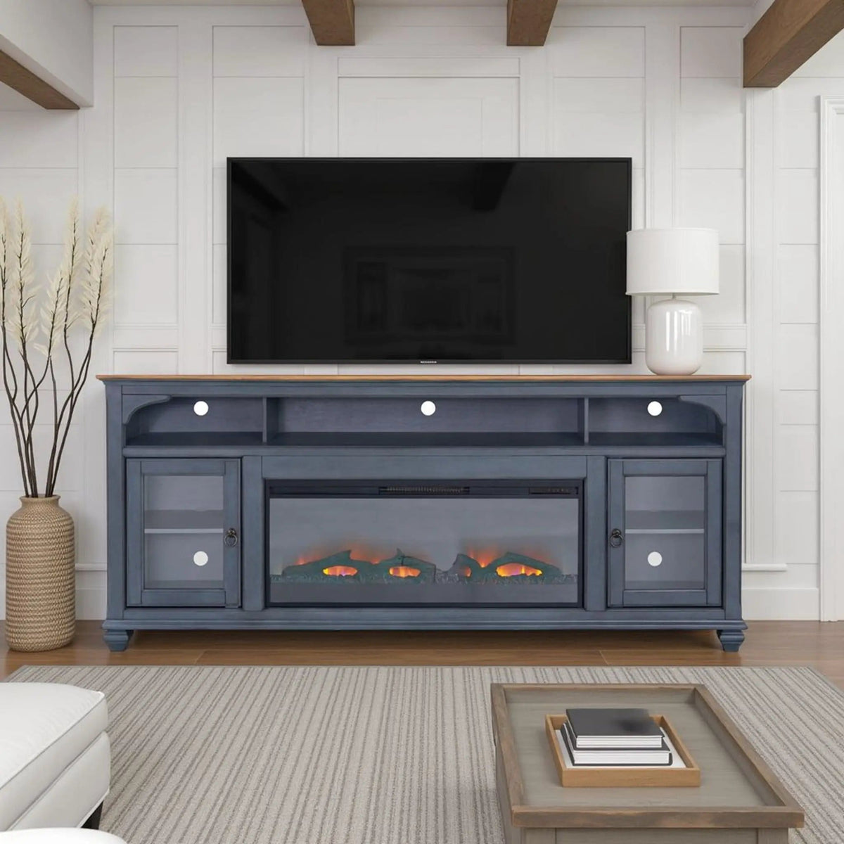 Fireplace TV Stand For TVs Up To 95" - | 86 x 18 x 34 in | Glass | Blue