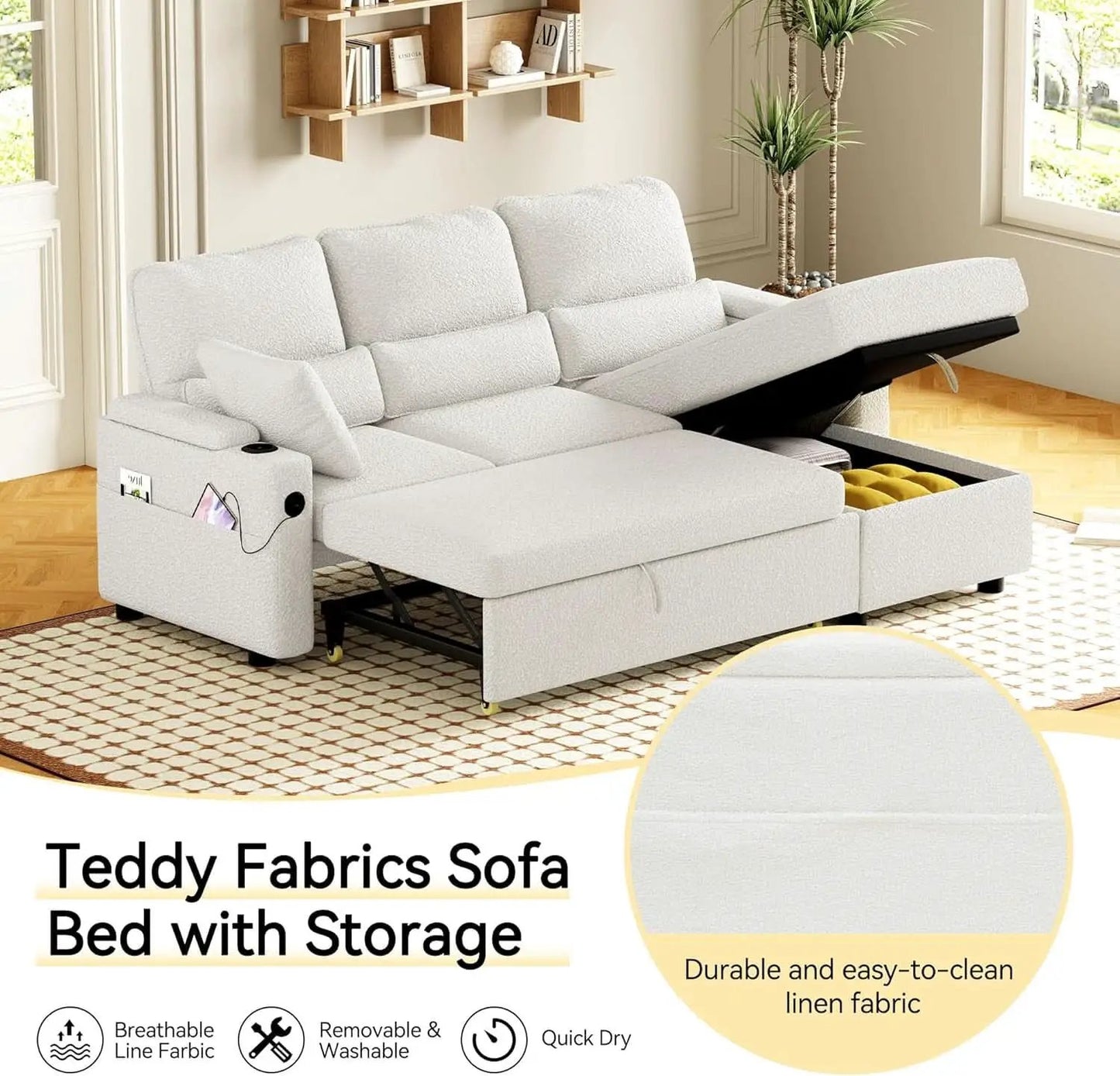 Pull Out Convertible Sofa Bed With Hidden Storage Teddy White from PriceLows™