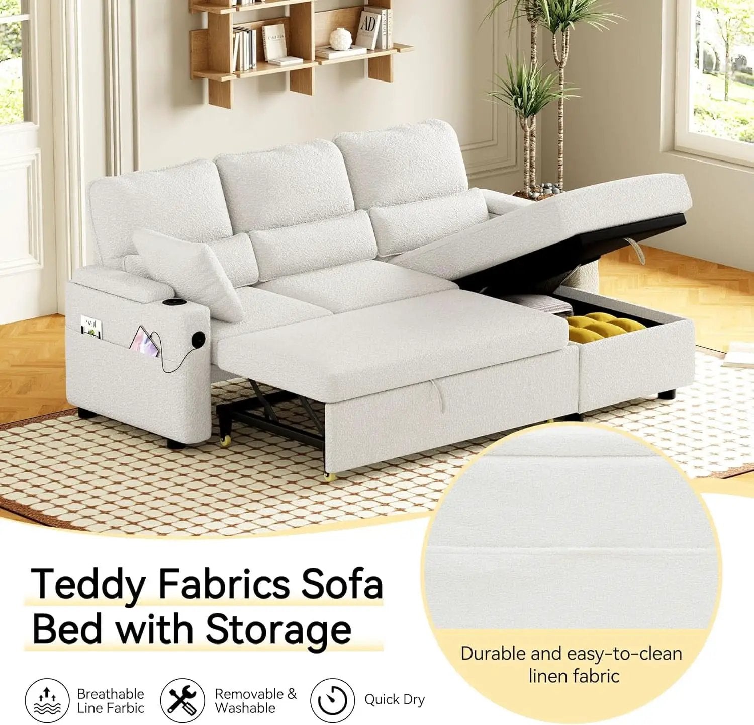 Pull Out Convertible Sofa Bed With Hidden Storage Teddy White from PriceLows™