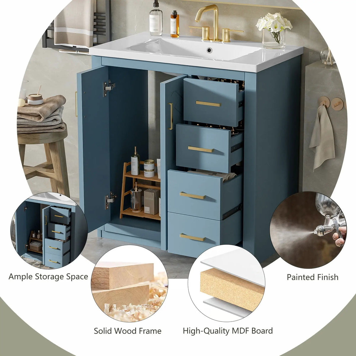 30 Inch Bathroom Vanity | Freestanding Set | 3 Drawers | Solid Wood Frame